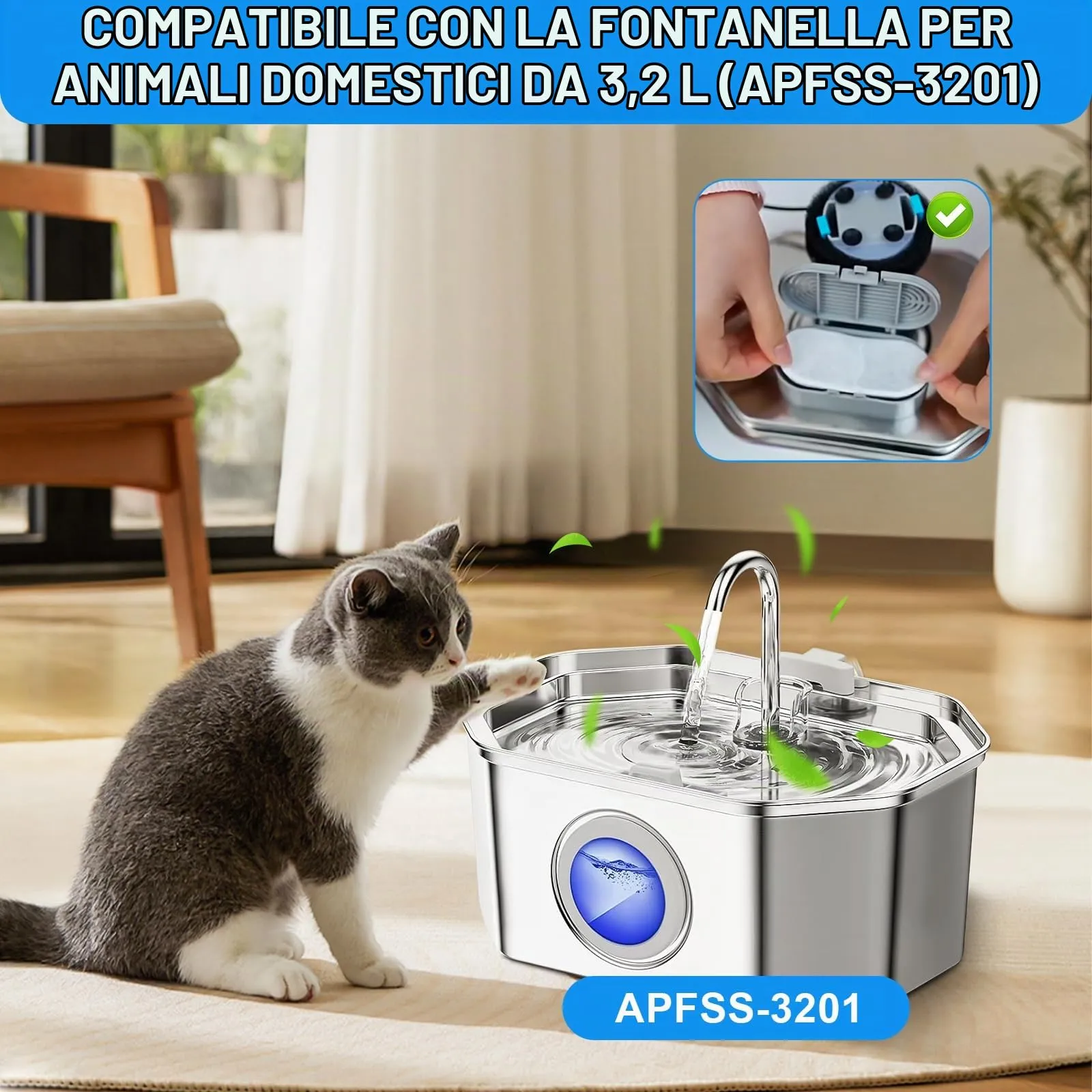 Teokantz 12 confezioni di filtri per acqua per gatti per APAUK APFSS-3201 (Modello) Fontana da bere in acciaio inossidabile da 3,2 L/108 fl oz, contiene 12 filtri per fontana per acqua per gatti e 12 - immagine 4