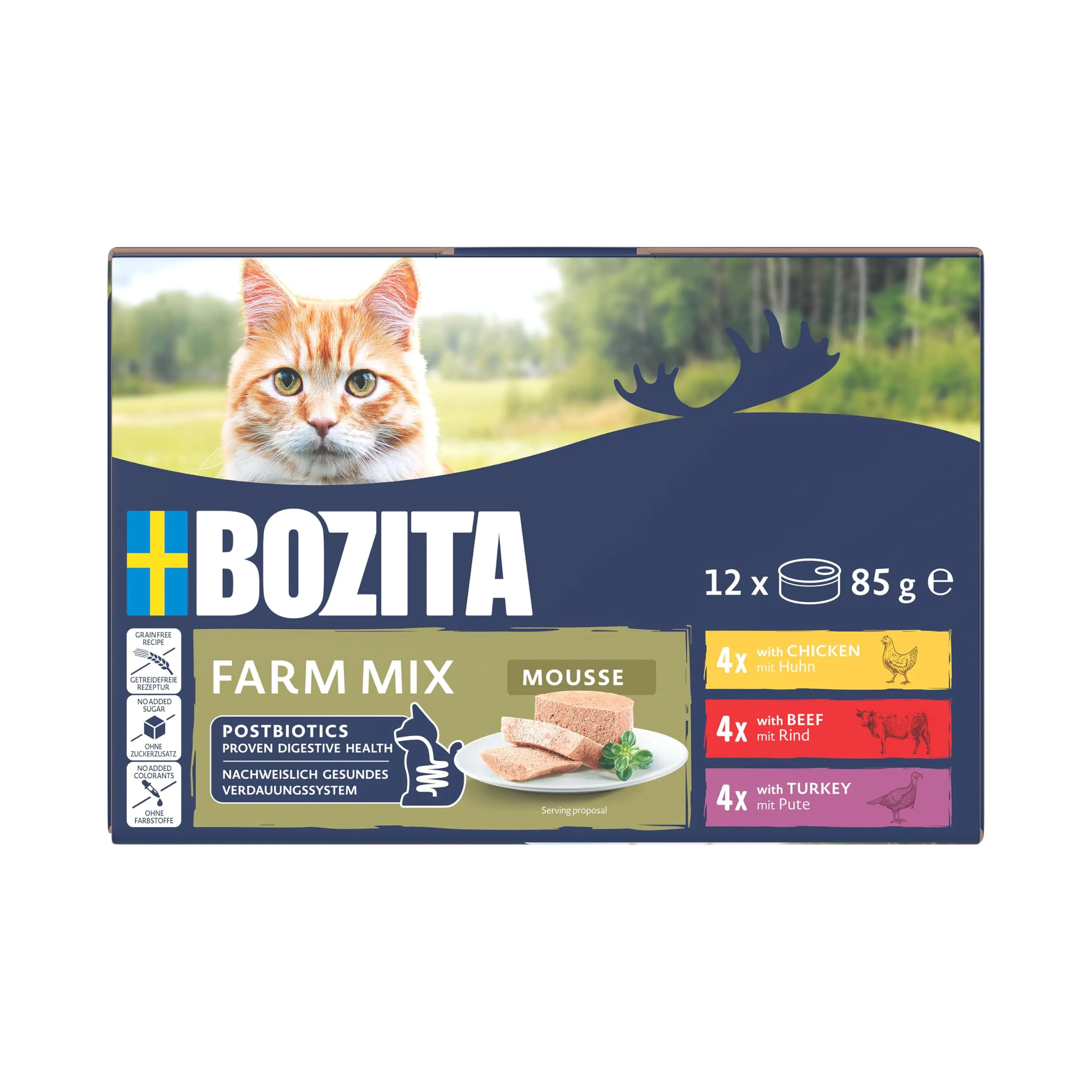 BOZITA Mousse Farm Mix 12 x 85 g – Cibo umido per gatti gourmet in piccole dosi – con postbiotici per sostenere una flora intestinale sana con pollo, manzo e tacchino – Alimento completo - immagine 2