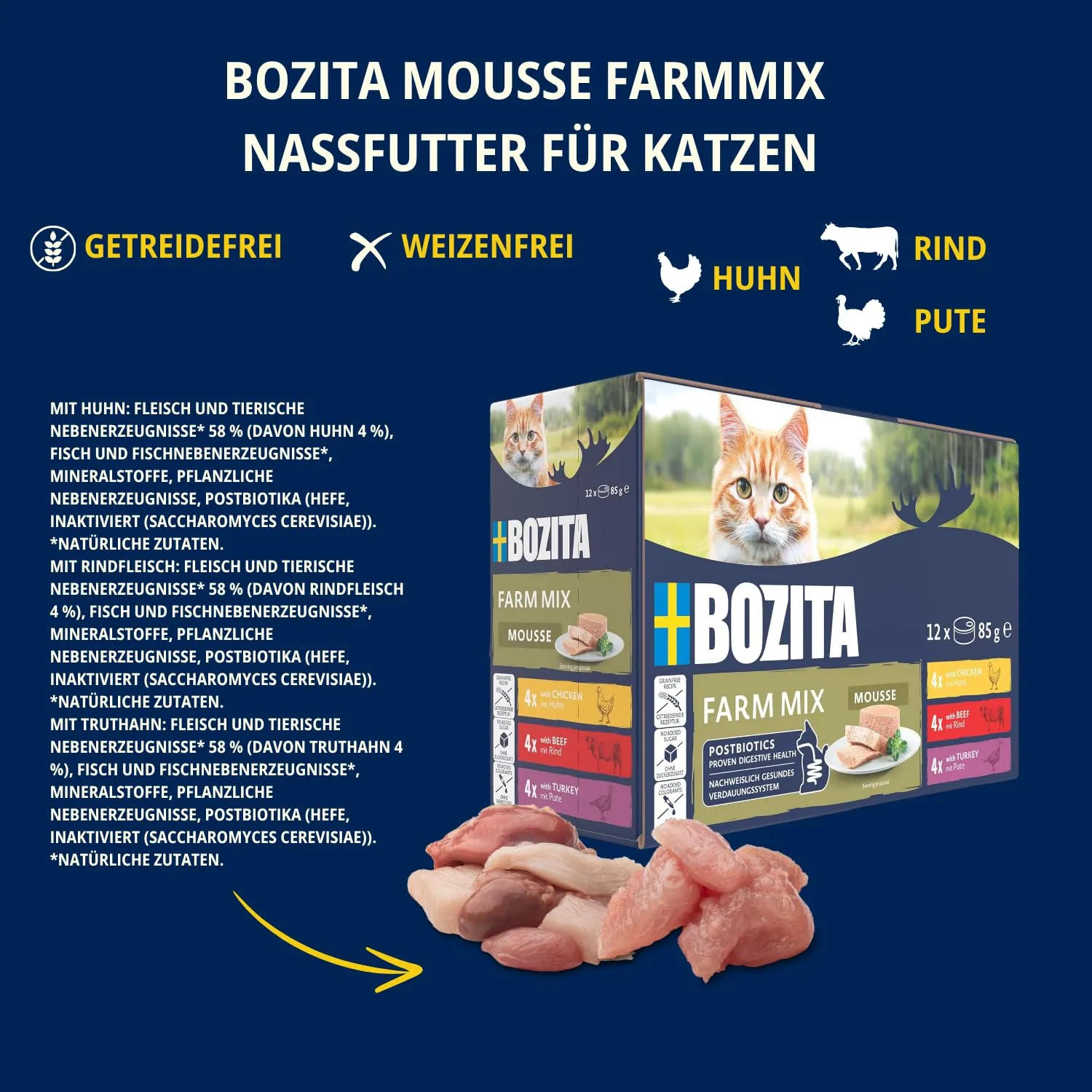 BOZITA Mousse Farm Mix 12 x 85 g – Cibo umido per gatti gourmet in piccole dosi – con postbiotici per sostenere una flora intestinale sana con pollo, manzo e tacchino – Alimento completo - immagine 3