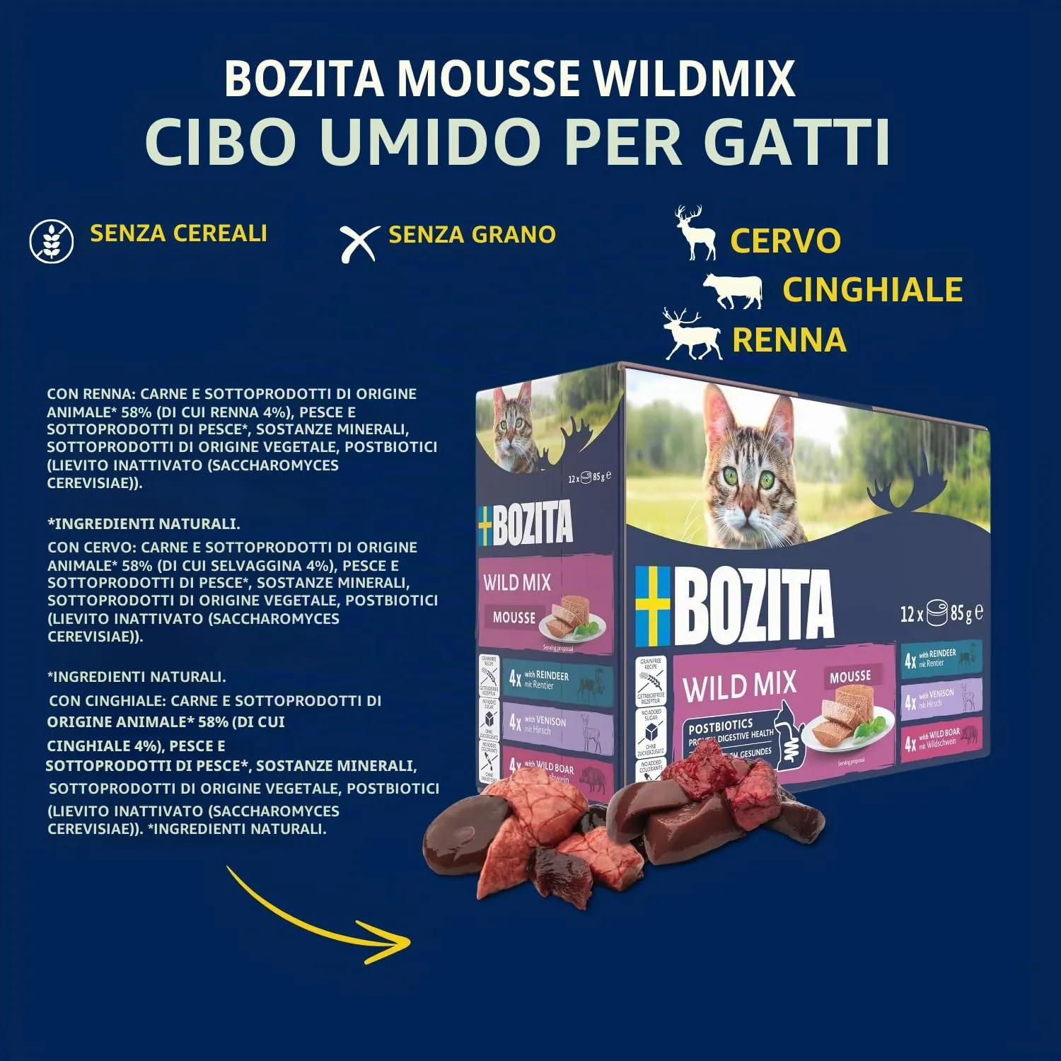 BOZITA Mousse WILD Mix 12 x 85 g – Cibo umido per gatti gourmet in piccole dosi – con postbiotici per sostenere una flora intestinale sana con renna, cervo e cinghiale – Alimento completo - immagine 3