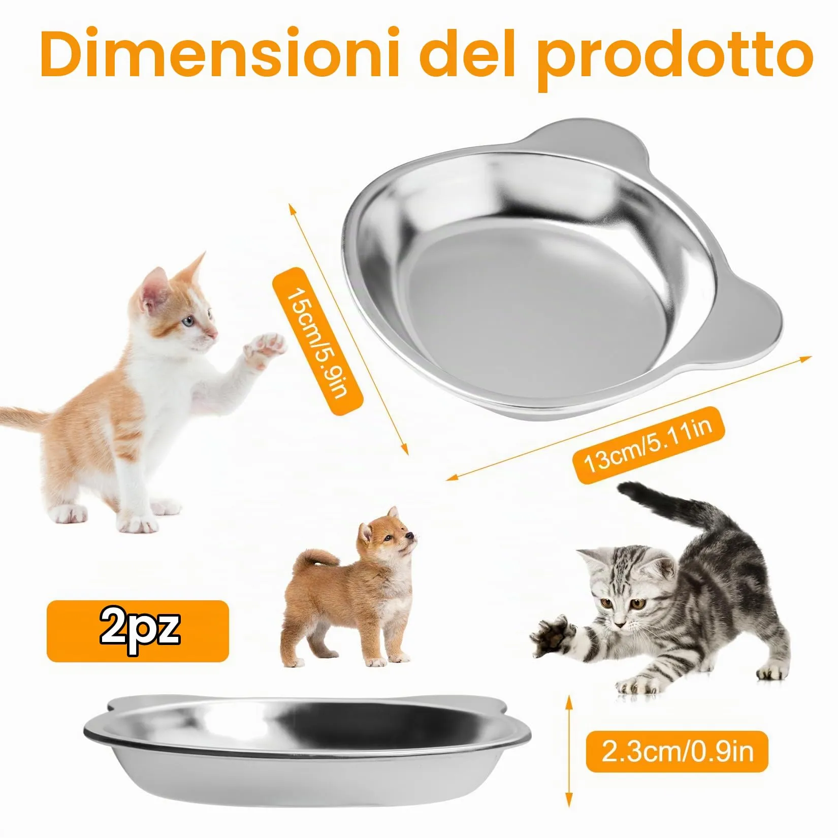 2 Pz Ciotole per Gatti in Acciaio Inox, Ciotole Piatte per Gatti, Ciotola per Bere Antiscivolo, Ciotola per Cibo per Gattis, cibo umido e secco per gattis - immagine 2