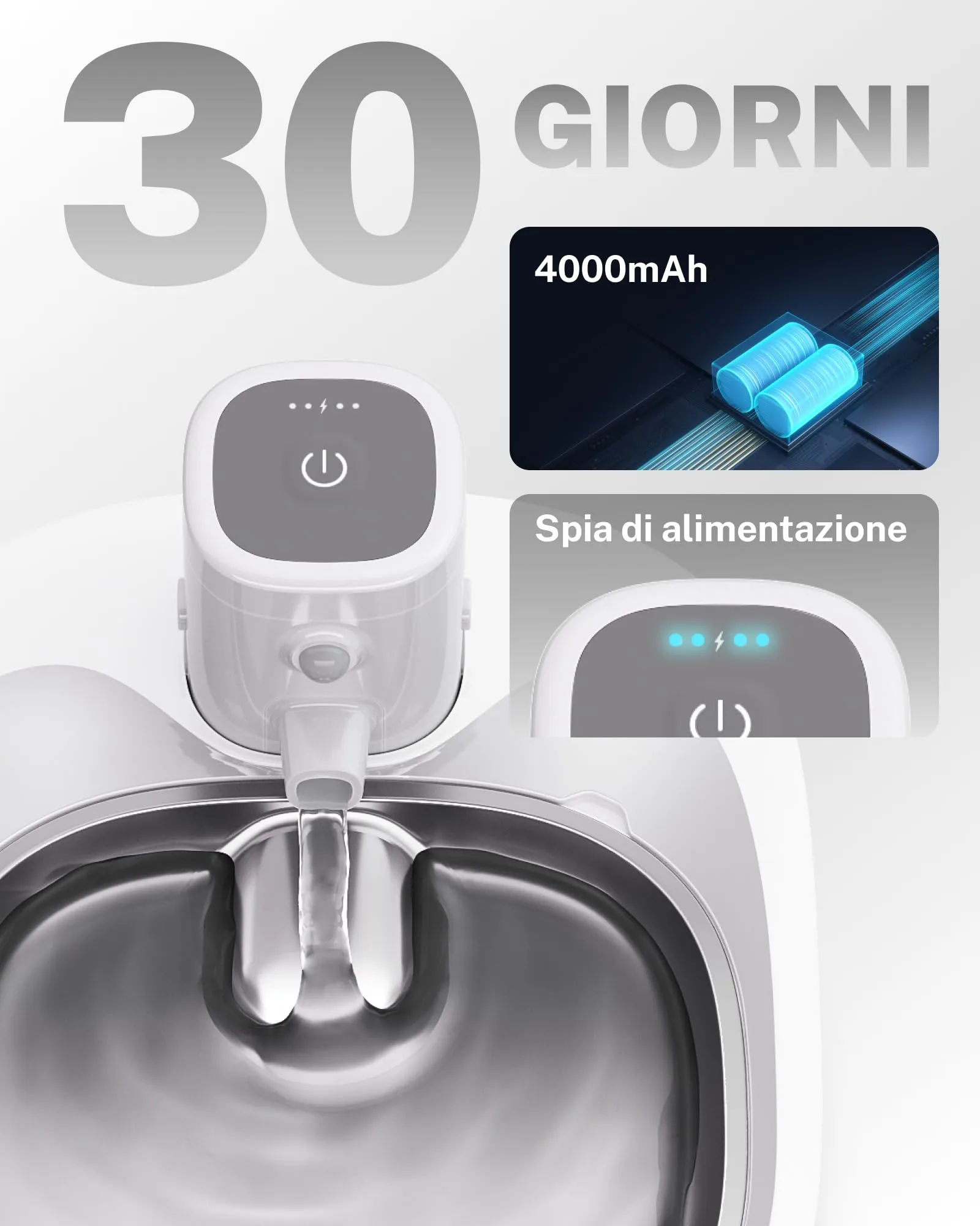 Homerunpet Water Fountain - Contenitore per l'acqua per animali domestici, in acciaio inox, a batteria, ultra quiet, portatile, automatico per gatti e cani, lavabile in lavastoviglie - immagine 3