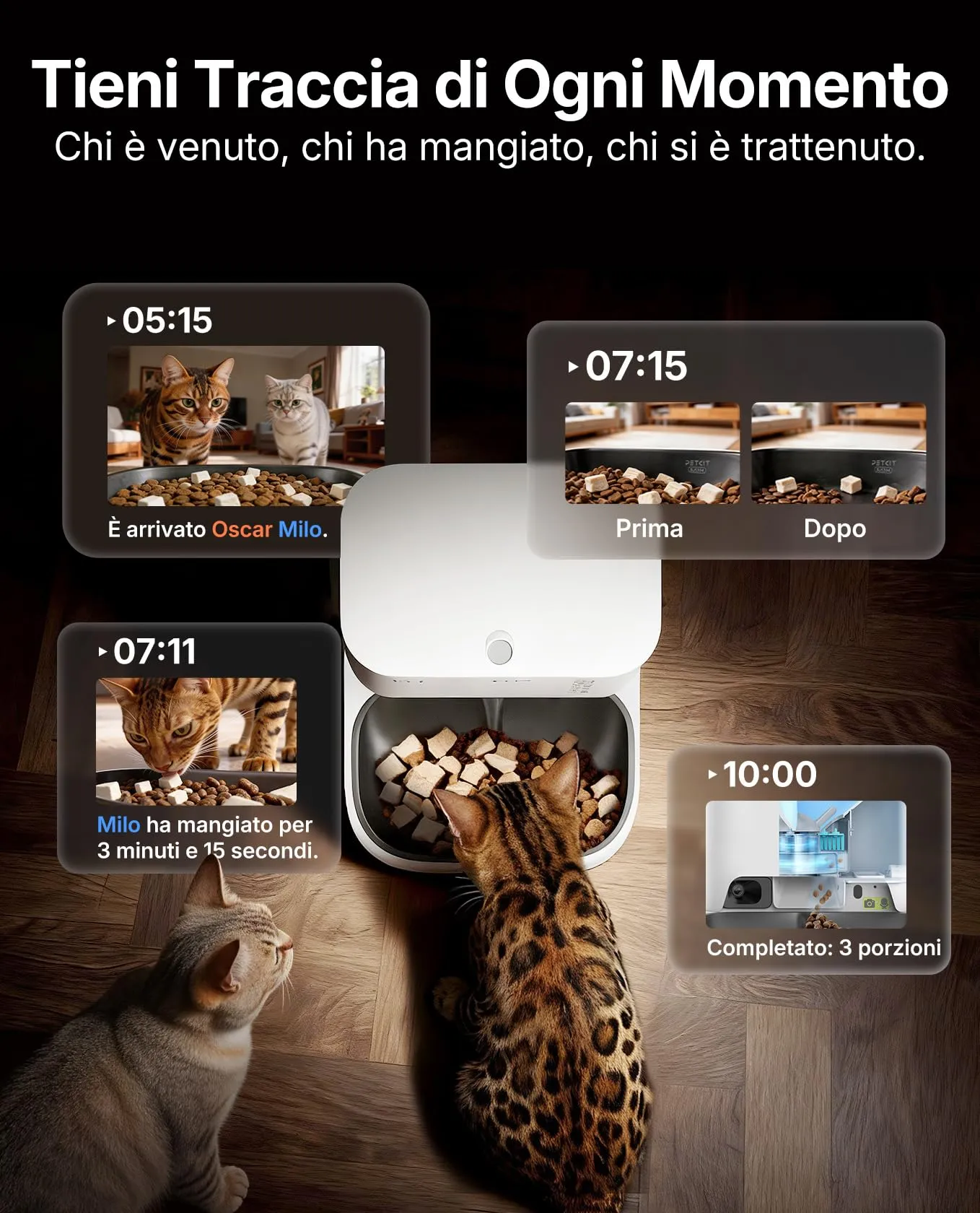 PETKIT YumShare Dual-Hopper 2, Distributore Automatico di Cibo per Gatti e Cani con Telecamera HD 1080p, Riconoscimento Multiplo Gatti, Funzioni AI, Capacità 5L, Wi-Fi 2.4 GHz e 5 GHz - immagine 3
