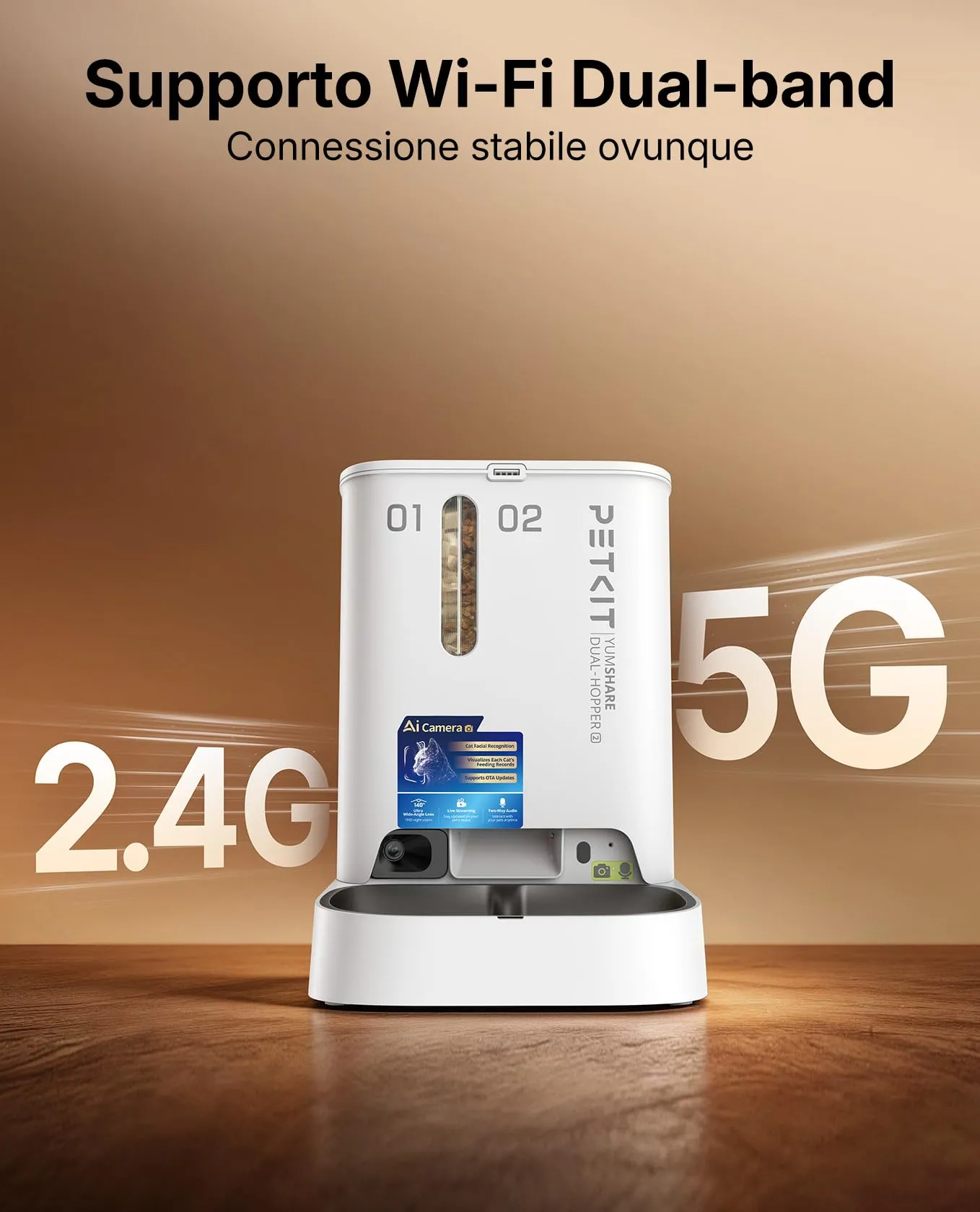 PETKIT YumShare Dual-Hopper 2, Distributore Automatico di Cibo per Gatti e Cani con Telecamera HD 1080p, Riconoscimento Multiplo Gatti, Funzioni AI, Capacità 5L, Wi-Fi 2.4 GHz e 5 GHz - immagine 8