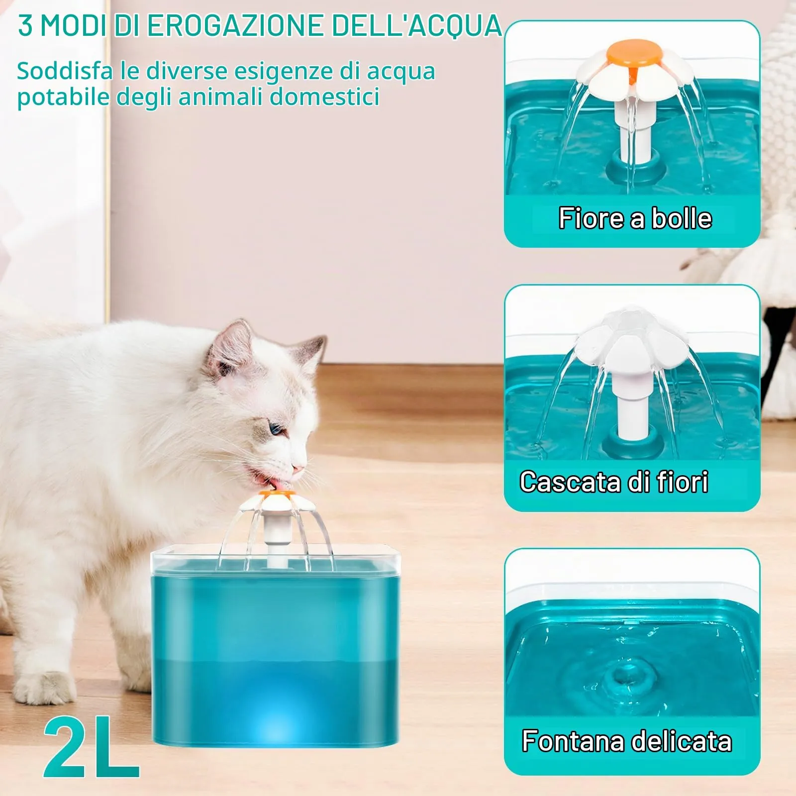 Fontanella per Gatti da 2 Litri, Fontana per Animali Domestici Ultra Silenziosa con Luce a LED, Sistema di Filtrazione Quadruplo, Fontana per Animali Domestici con tre Modalità di Flusso D'acqua - immagine 2