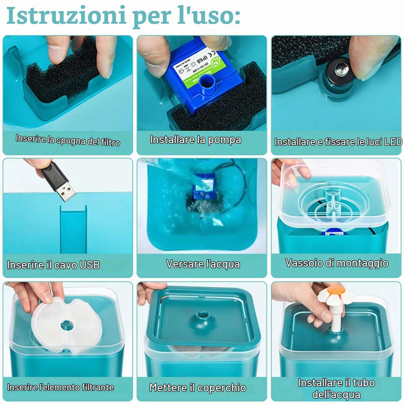 Fontanella per Gatti da 2 Litri, Fontana per Animali Domestici Ultra Silenziosa con Luce a LED, Sistema di Filtrazione Quadruplo, Fontana per Animali Domestici con tre Modalità di Flusso D'acqua - immagine 4