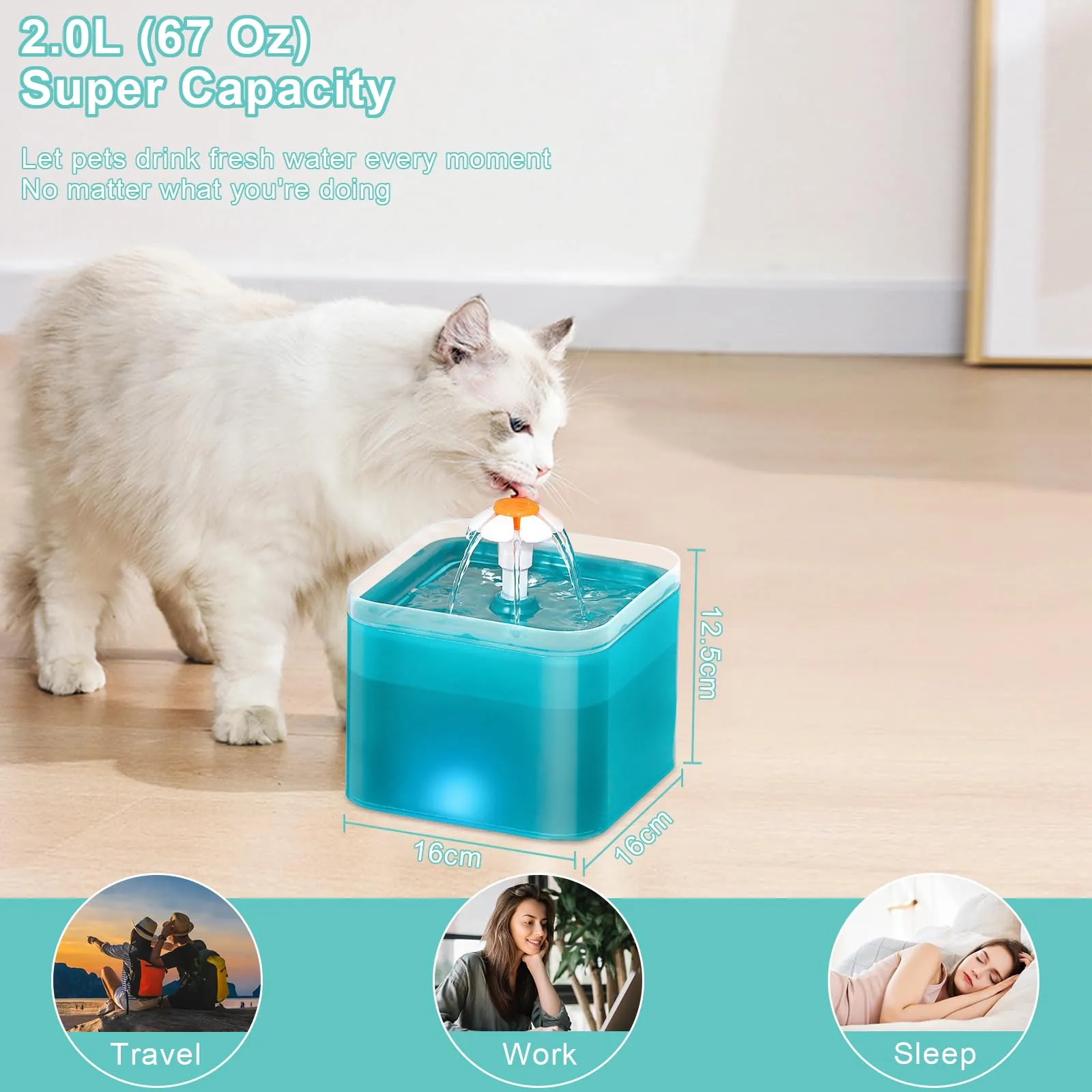 Fontanella per Gatti da 2 Litri, Fontana per Animali Domestici Ultra Silenziosa con Luce a LED, Sistema di Filtrazione Quadruplo, Fontana per Animali Domestici con tre Modalità di Flusso D'acqua - immagine 6