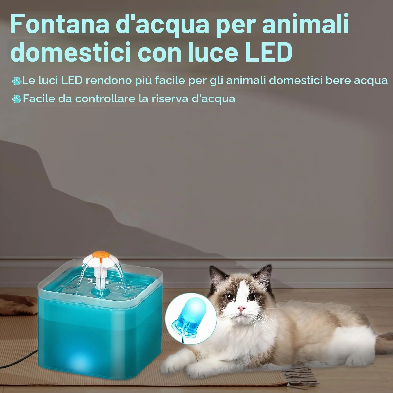 Fontanella per Gatti da 2 Litri, Fontana per Animali Domestici Ultra Silenziosa con Luce a LED, Sistema di Filtrazione Quadruplo, Fontana per Animali Domestici con tre Modalità di Flusso D'acqua - immagine 7