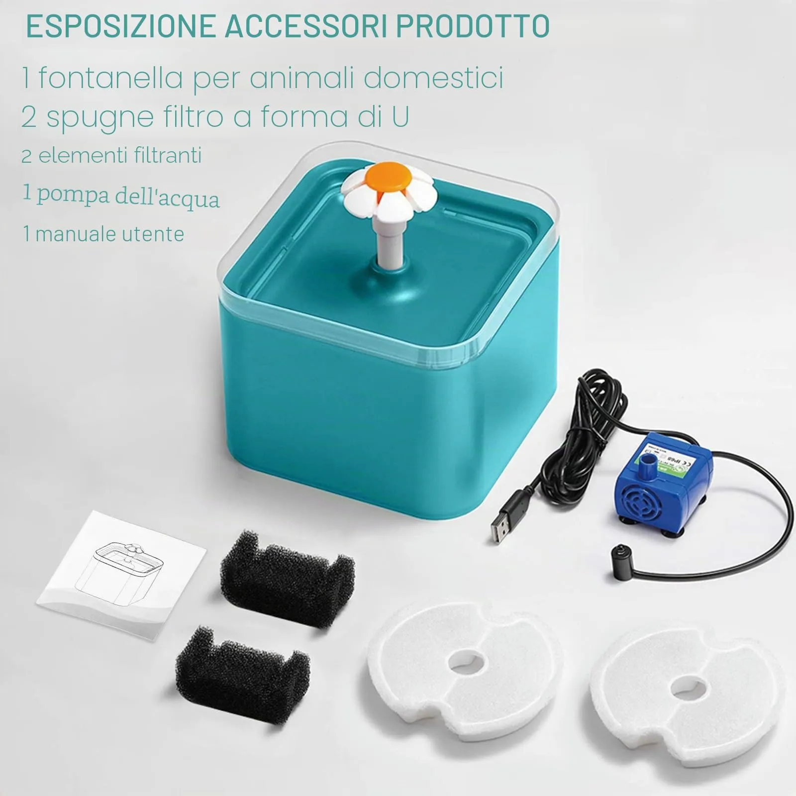 Fontanella per Gatti da 2 Litri, Fontana per Animali Domestici Ultra Silenziosa con Luce a LED, Sistema di Filtrazione Quadruplo, Fontana per Animali Domestici con tre Modalità di Flusso D'acqua - immagine 8