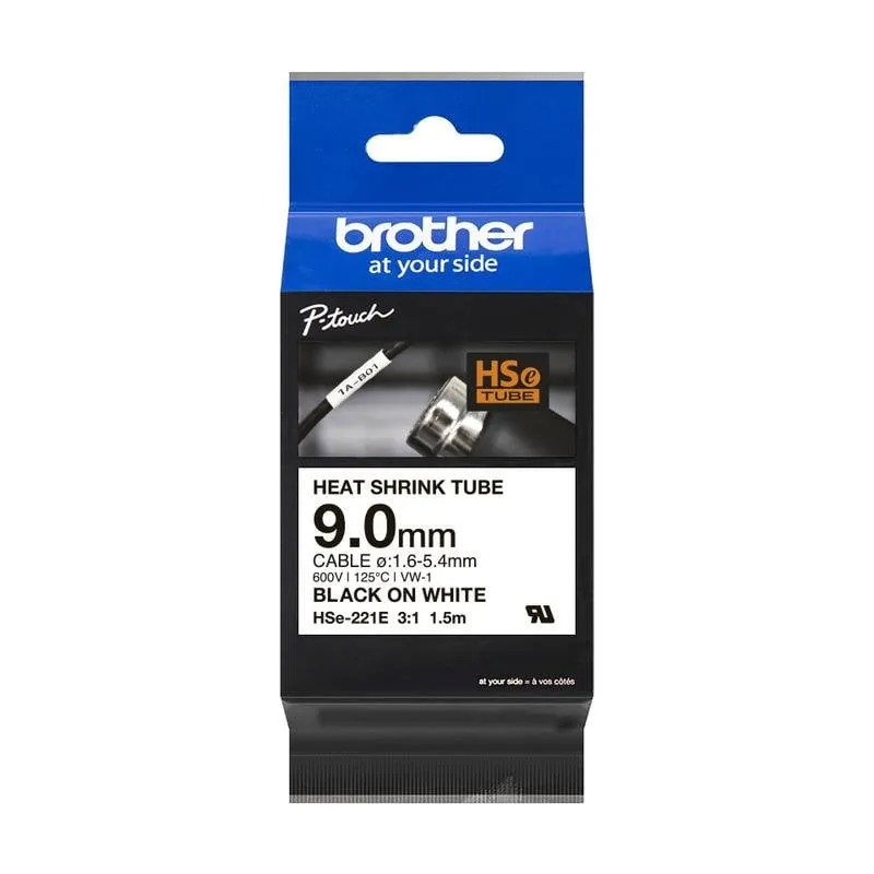 Cintas per stampanti di etichette Brother HSE-221E Tubo termorrestringente 9 mm Nero su bianco - immagine 1