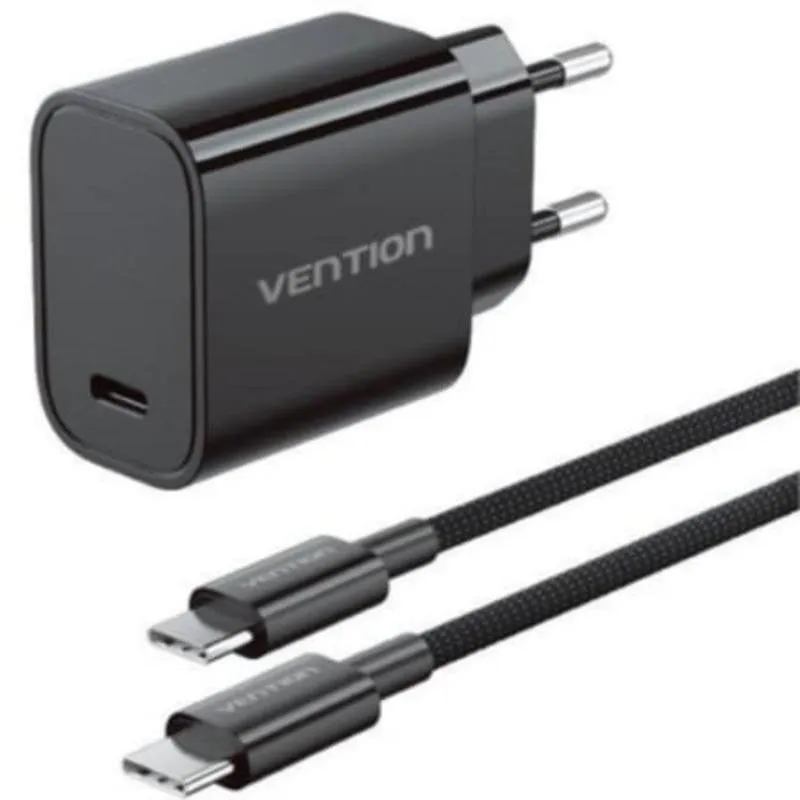 Caricatore a Muro GaN Vention 30W USB-C con Cavo 1m Nero - immagine 1