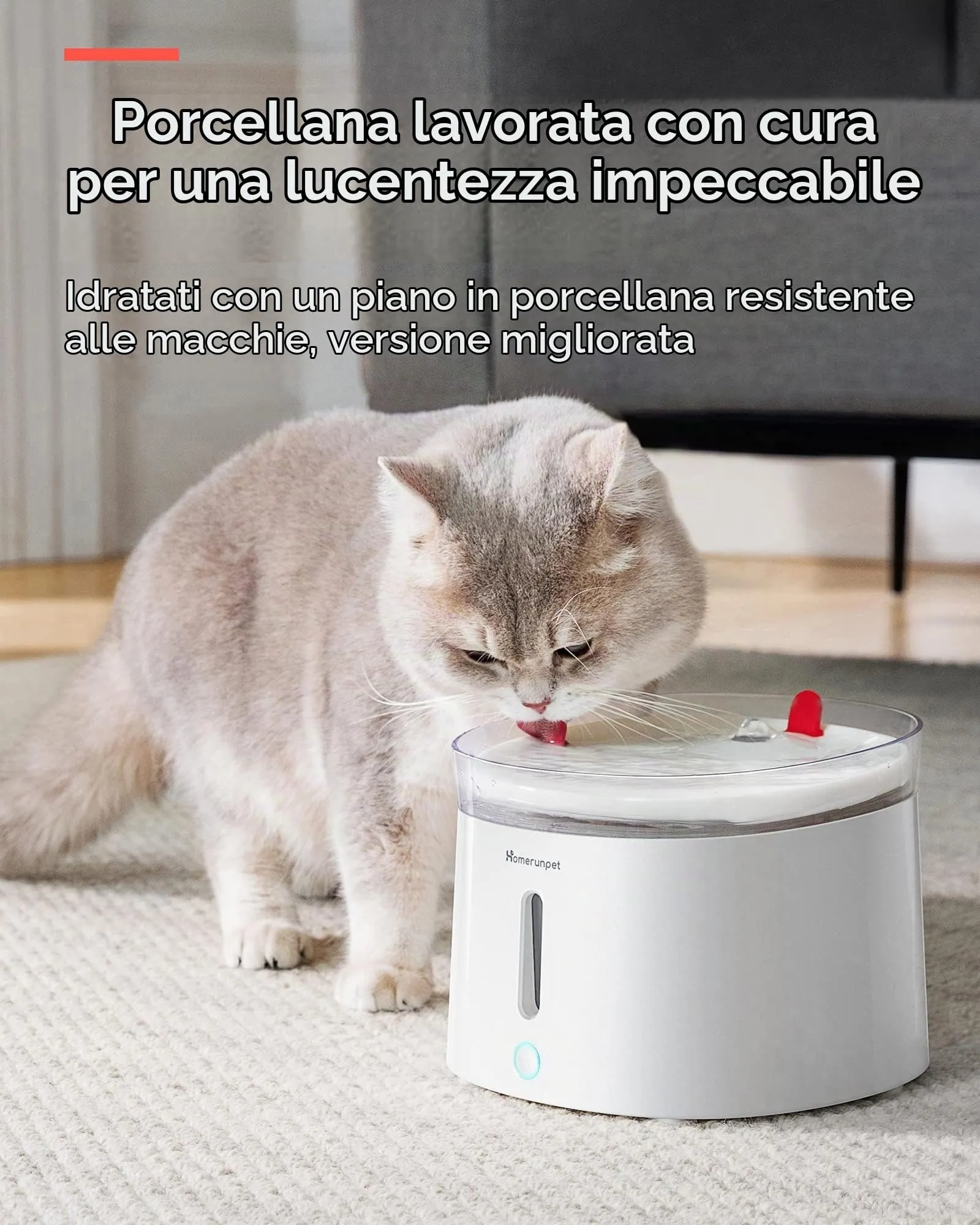 Homerunpet Fontanella per Gatti con Vassoio in Porcellana e Pompa Autopulente Senza Fili, Ultra Silenziosa Fontana per gatti e Cani, Facile da Pulire e da Montare, Luce LED Intelligente, 2L - immagine 2