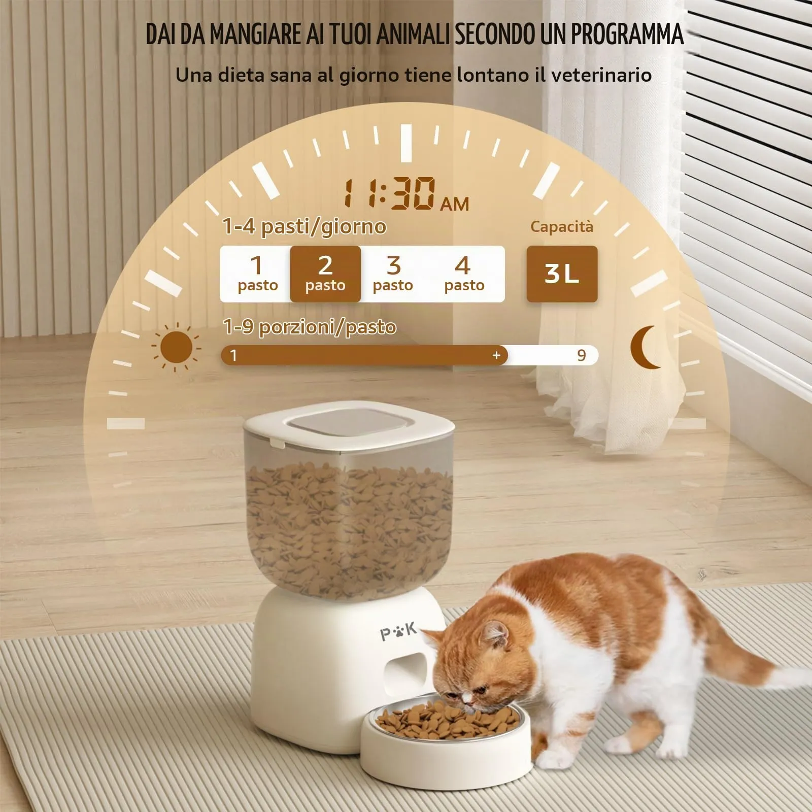 PUPPY KITTY Cady Distributore Automatico Cibo Gatti, 3L Dispenser Cibo Gatti con 10S Registrazion, Durata Della Batteria fino a 180 giorni, Orari di Mangiatoia Personalizzati, 1-4 Pasti al Giorno - immagine 2