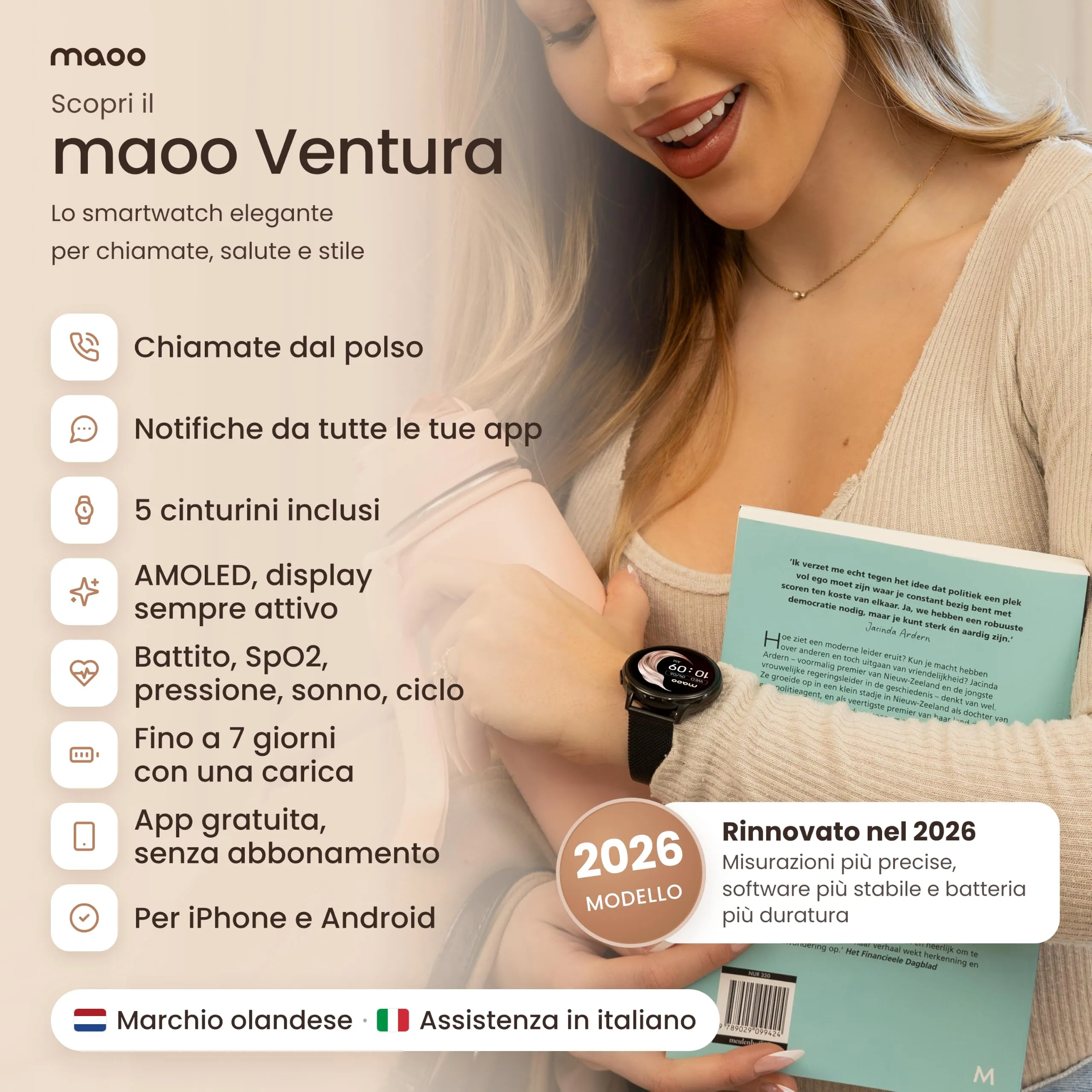 Maoo Ventura Orologio Smartwatch Donna con Chiamate Bluetooth e 5 Cinturini, Display AMOLED Rotondo, Smart Watch Donna Compatibile iPhone Android, Fitness Tracker, Contapassi, SpO2, IP67, Nero - immagine 2