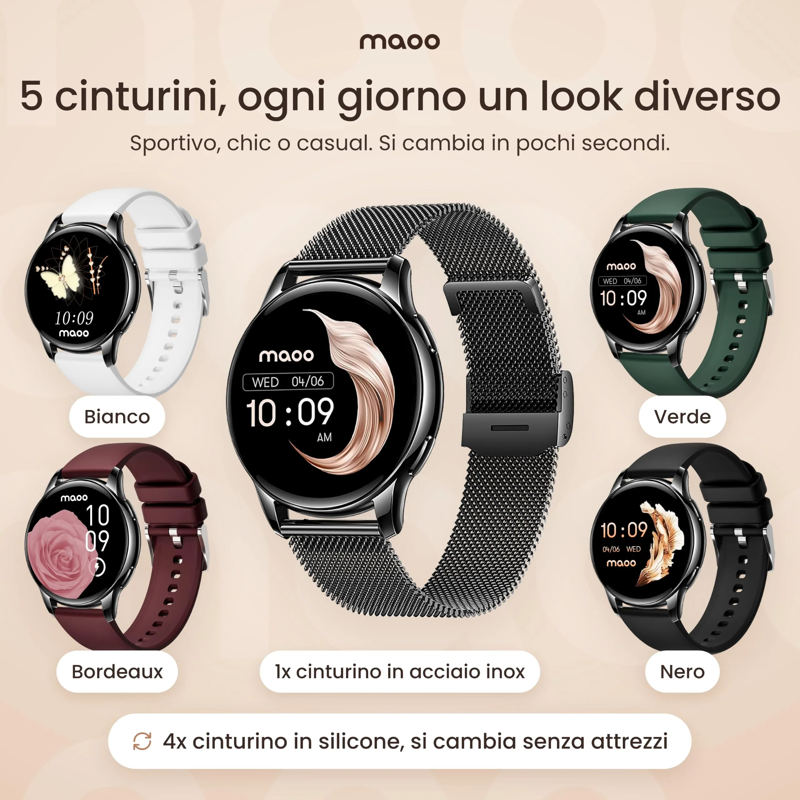 Maoo Ventura Orologio Smartwatch Donna con Chiamate Bluetooth e 5 Cinturini, Display AMOLED Rotondo, Smart Watch Donna Compatibile iPhone Android, Fitness Tracker, Contapassi, SpO2, IP67, Nero - immagine 3