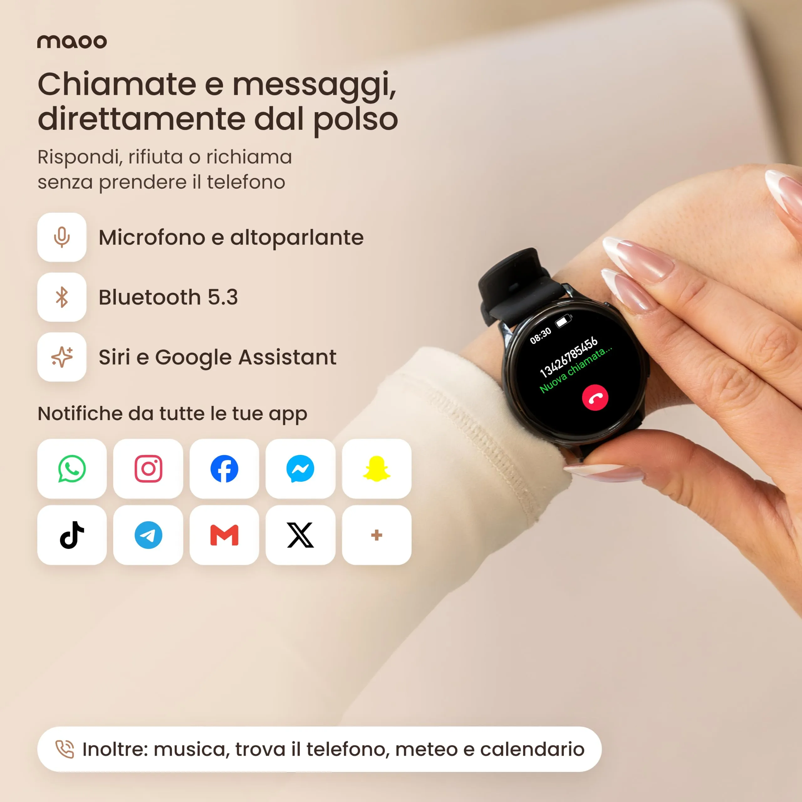 Maoo Ventura Orologio Smartwatch Donna con Chiamate Bluetooth e 5 Cinturini, Display AMOLED Rotondo, Smart Watch Donna Compatibile iPhone Android, Fitness Tracker, Contapassi, SpO2, IP67, Nero - immagine 5