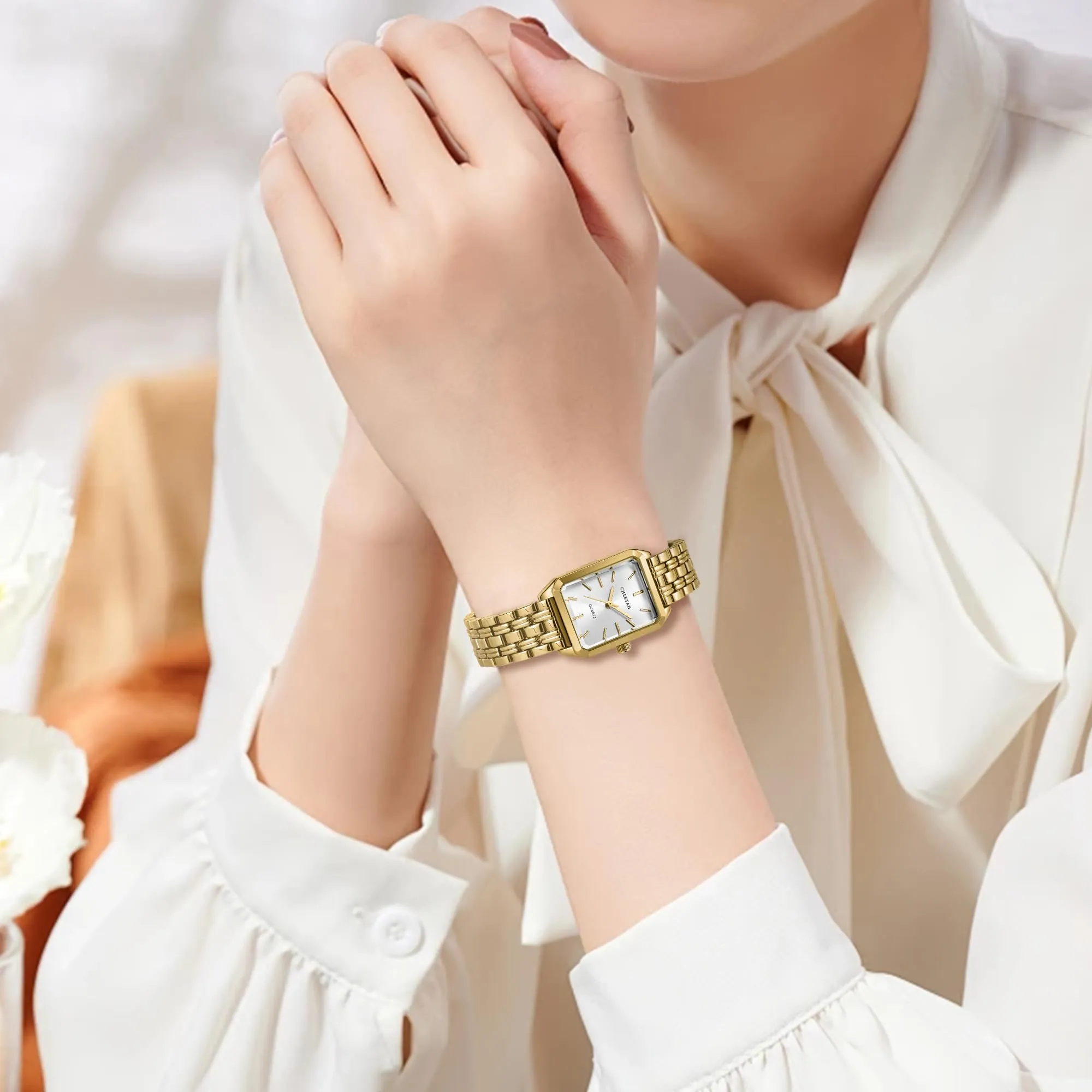 CHEETAH Orologi Rettangolari Classici da Donna: Orologio da Donna in oro con Quadrante Bianco, Ideale per un uso Quotidiano Informale - Orologio da Polso Analogico al Quarzo - immagine 6