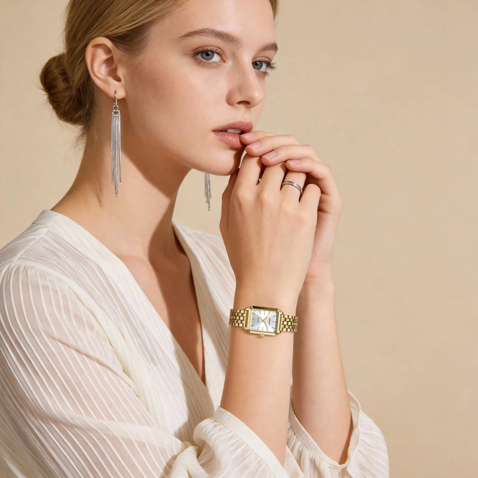 CHEETAH Orologi Rettangolari Classici da Donna: Orologio da Donna in oro con Quadrante Bianco, Ideale per un uso Quotidiano Informale - Orologio da Polso Analogico al Quarzo - immagine 7