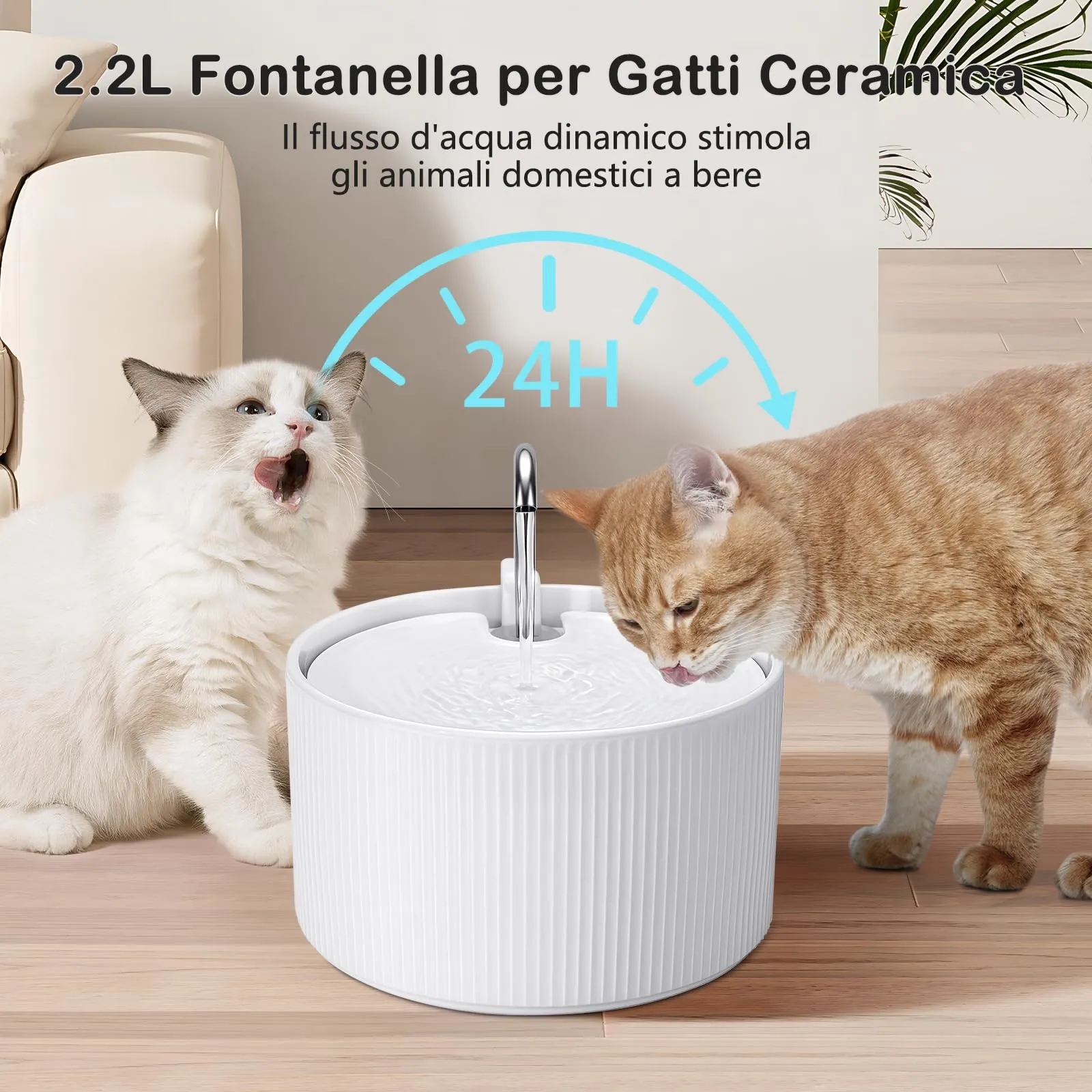 Fontana per gatti in ceramica, 2,2 l, super silenziosa, con filtro ai carboni attivi, ceramica cotta ad alte temperature, materiali puliti e sicuri - immagine 5