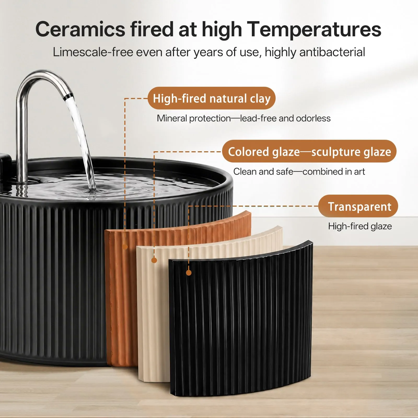 Fontana per gatti in ceramica: VinDox 2,2 l, fontana per gatti in ceramica, silenziosa, con filtro ai carboni attivi, design semplice, cottura ad alta temperatura in ceramica (nero) - immagine 2