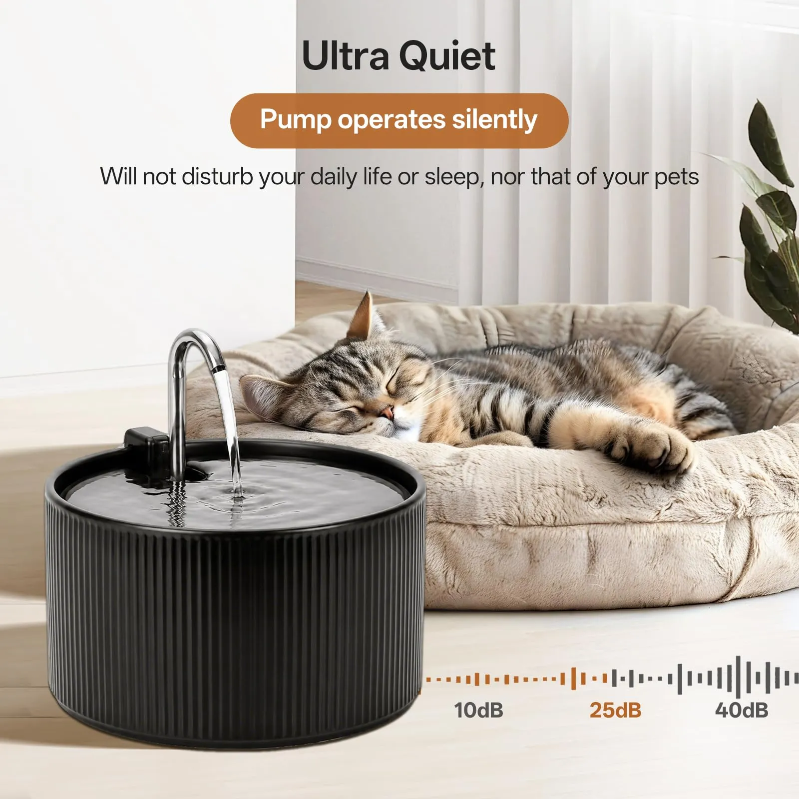 Fontana per gatti in ceramica: VinDox 2,2 l, fontana per gatti in ceramica, silenziosa, con filtro ai carboni attivi, design semplice, cottura ad alta temperatura in ceramica (nero) - immagine 3