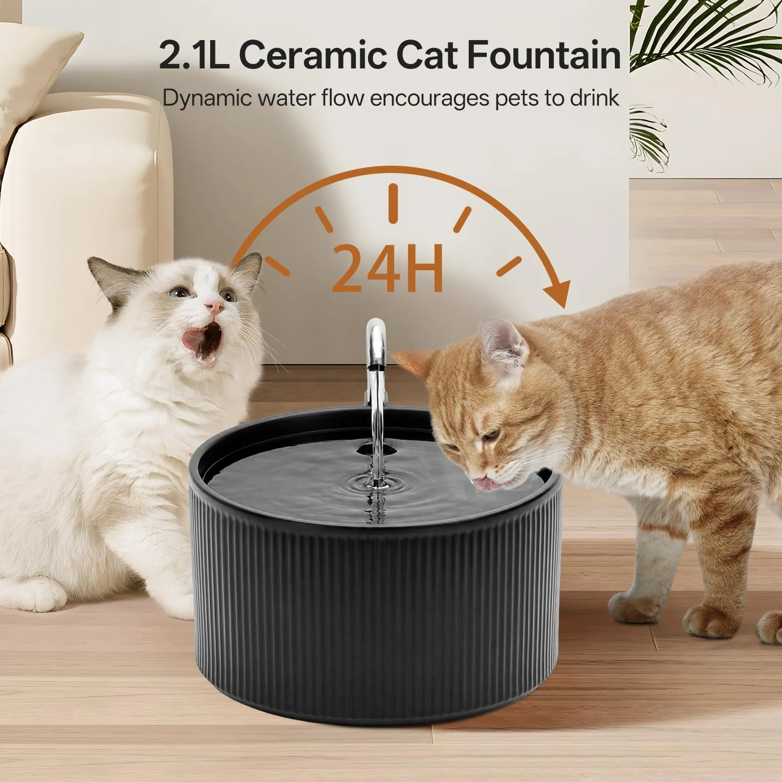 Fontana per gatti in ceramica: VinDox 2,2 l, fontana per gatti in ceramica, silenziosa, con filtro ai carboni attivi, design semplice, cottura ad alta temperatura in ceramica (nero) - immagine 4