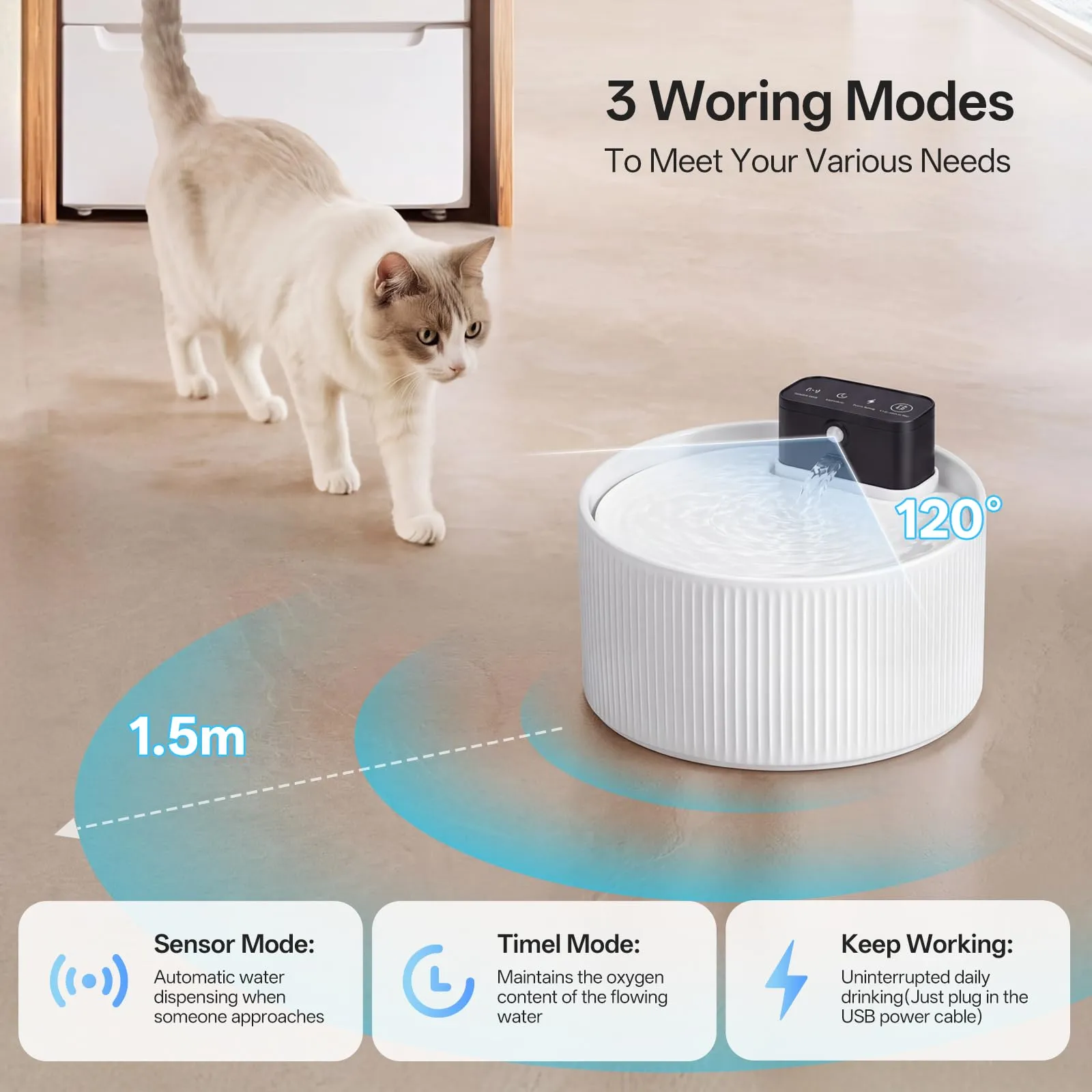 Fontana d'acqua senza fili in ceramica da 2,2 l per gatti, distributore d'acqua super silenzioso per animali domestici con filtro a carbone attivo, ceramica cotta ad alta temperatura, materiali - immagine 2