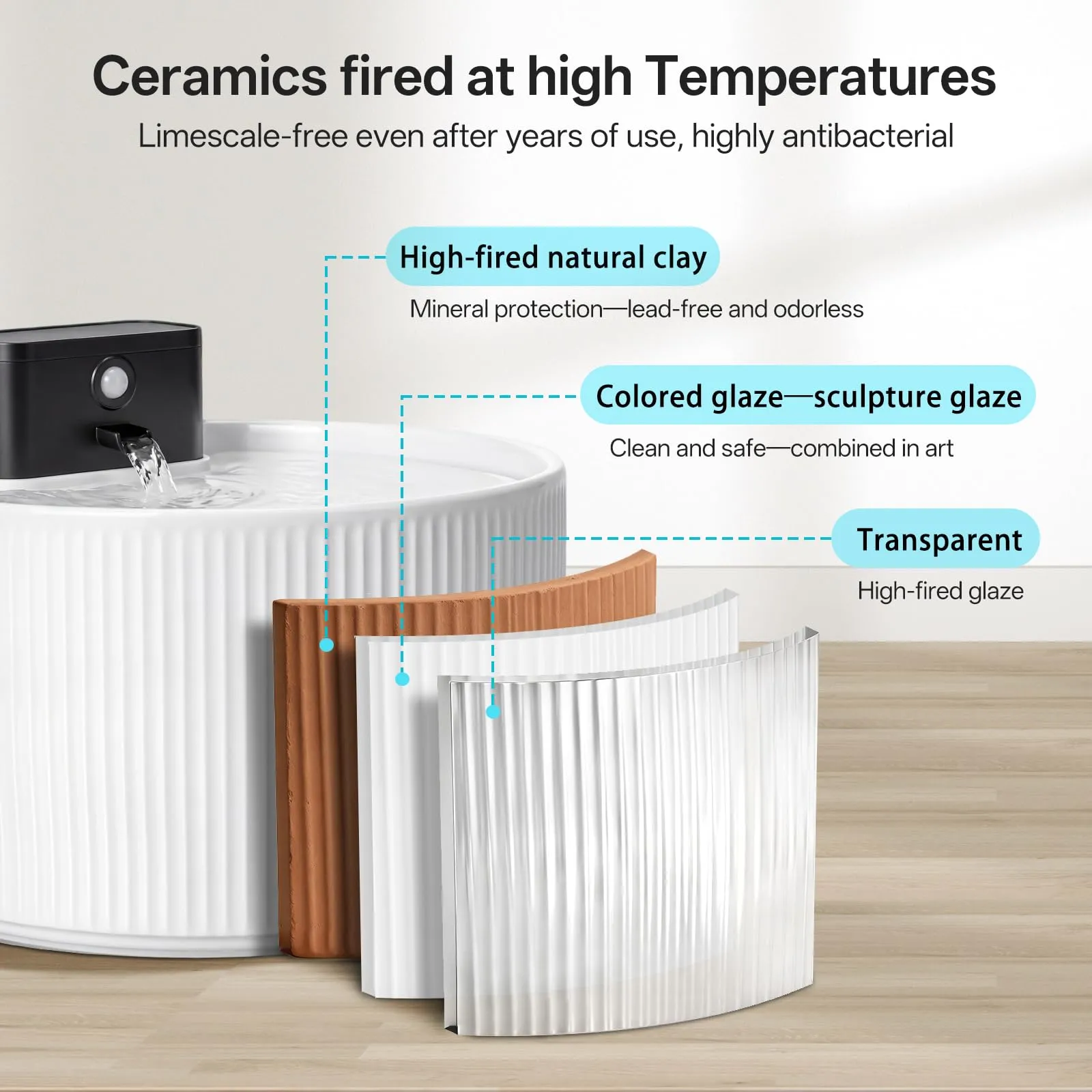 Fontana d'acqua senza fili in ceramica da 2,2 l per gatti, distributore d'acqua super silenzioso per animali domestici con filtro a carbone attivo, ceramica cotta ad alta temperatura, materiali - immagine 3