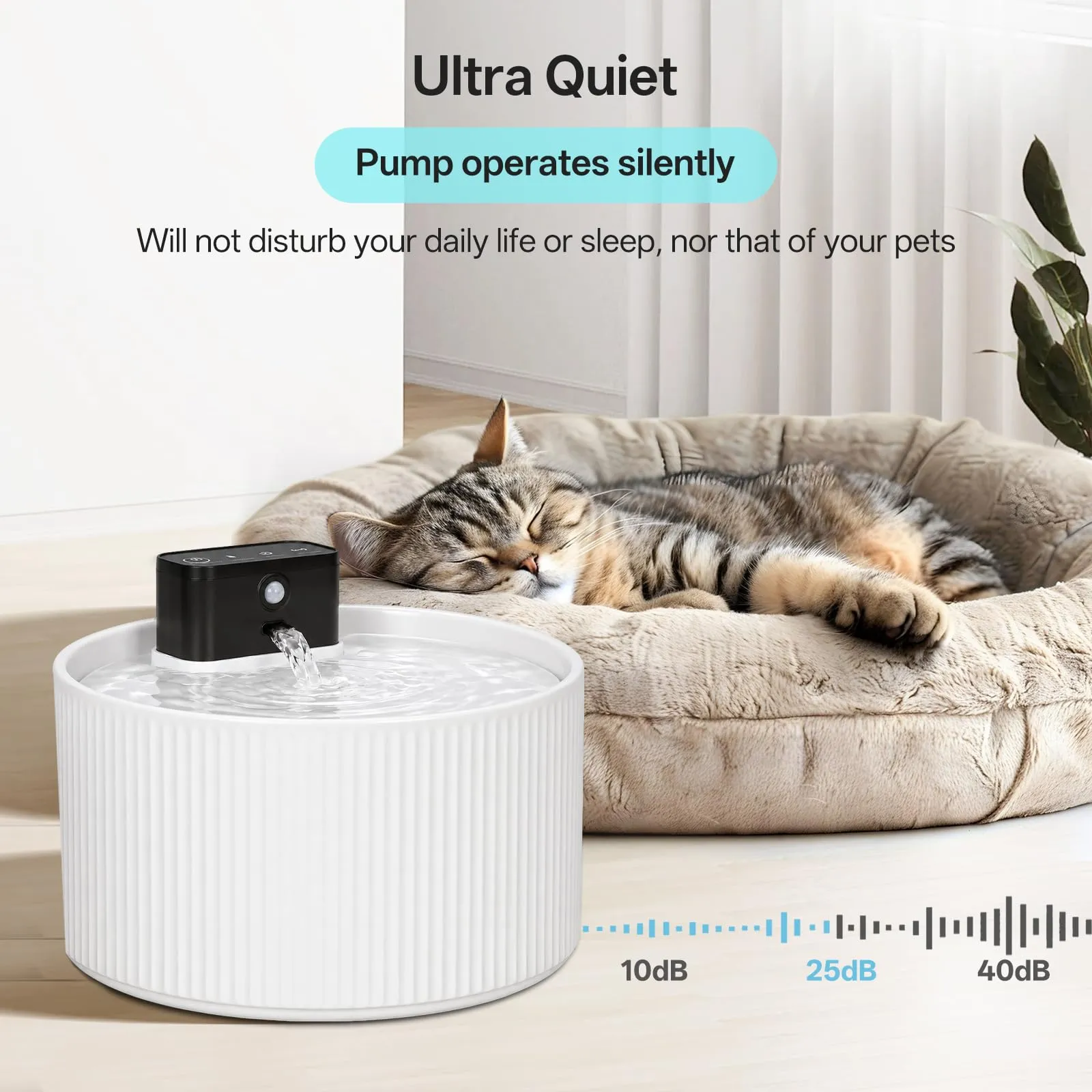 Fontana d'acqua senza fili in ceramica da 2,2 l per gatti, distributore d'acqua super silenzioso per animali domestici con filtro a carbone attivo, ceramica cotta ad alta temperatura, materiali - immagine 5