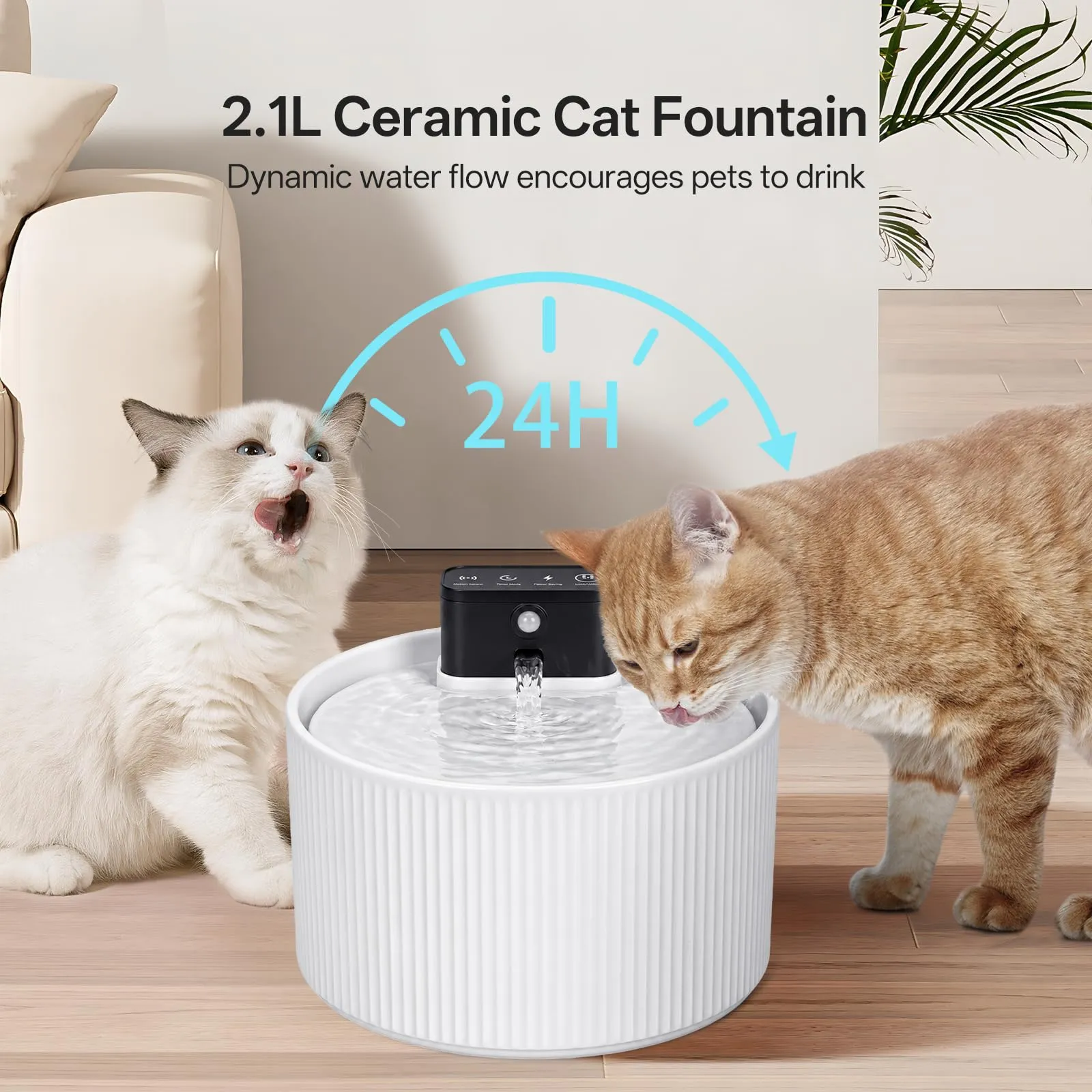 Fontana d'acqua senza fili in ceramica da 2,2 l per gatti, distributore d'acqua super silenzioso per animali domestici con filtro a carbone attivo, ceramica cotta ad alta temperatura, materiali - immagine 7