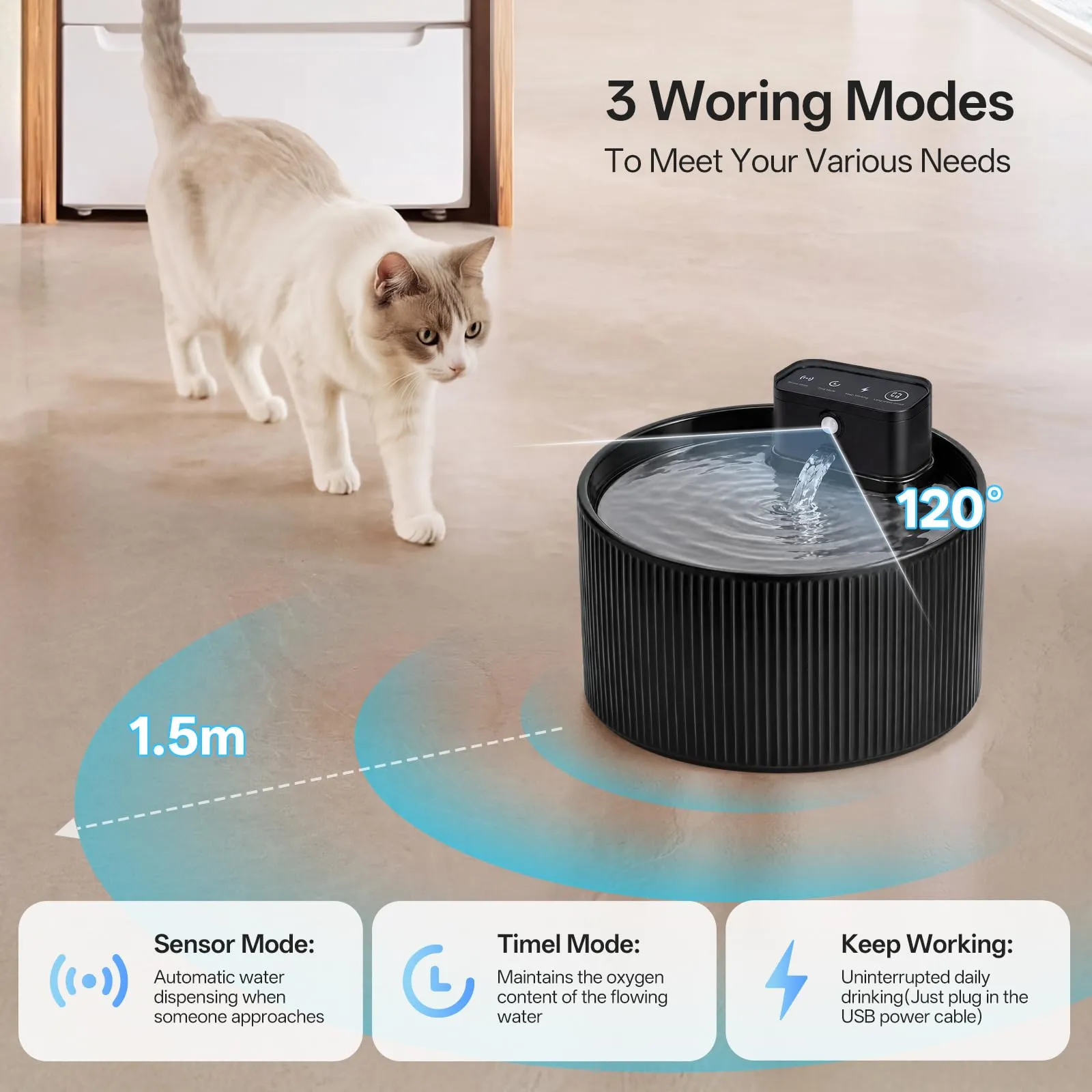 Fontana per gatti senza fili, in ceramica, 2,2 l, super silenziosa, con filtro ai carboni attivi, ceramica cotta ad alte temperature, materiali sicuri, colore nero - immagine 2