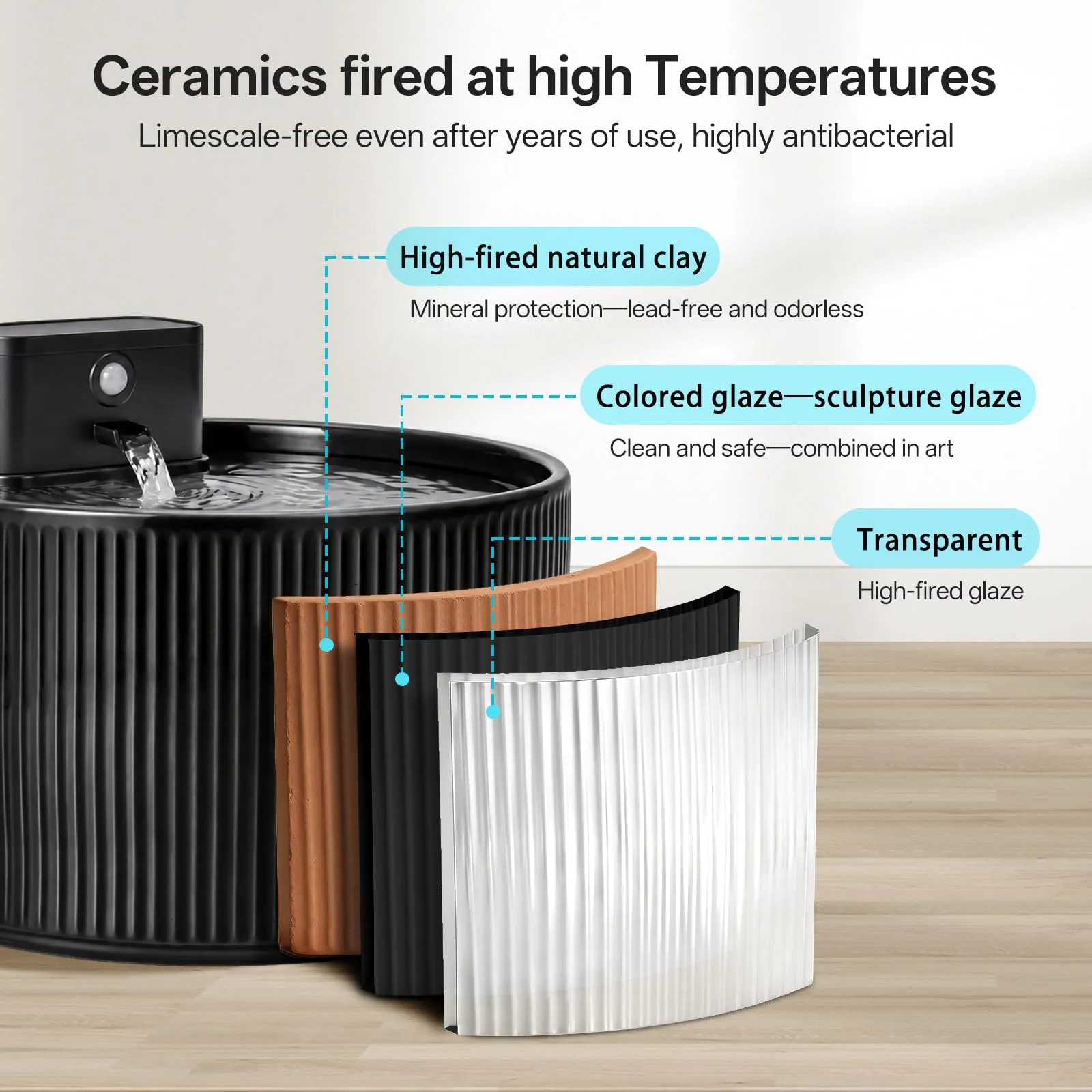 Fontana per gatti senza fili, in ceramica, 2,2 l, super silenziosa, con filtro ai carboni attivi, ceramica cotta ad alte temperature, materiali sicuri, colore nero - immagine 4