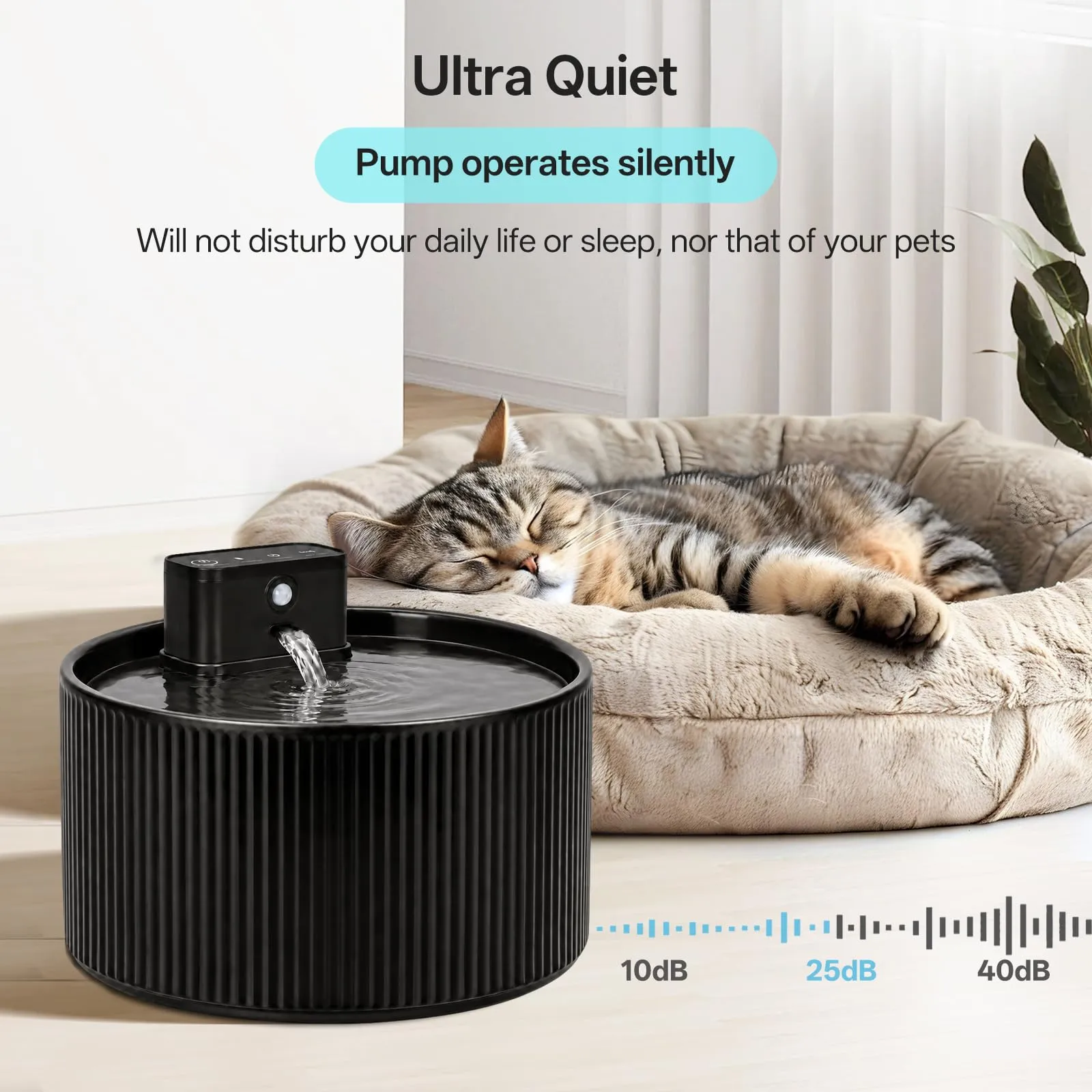 Fontana per gatti senza fili, in ceramica, 2,2 l, super silenziosa, con filtro ai carboni attivi, ceramica cotta ad alte temperature, materiali sicuri, colore nero - immagine 5