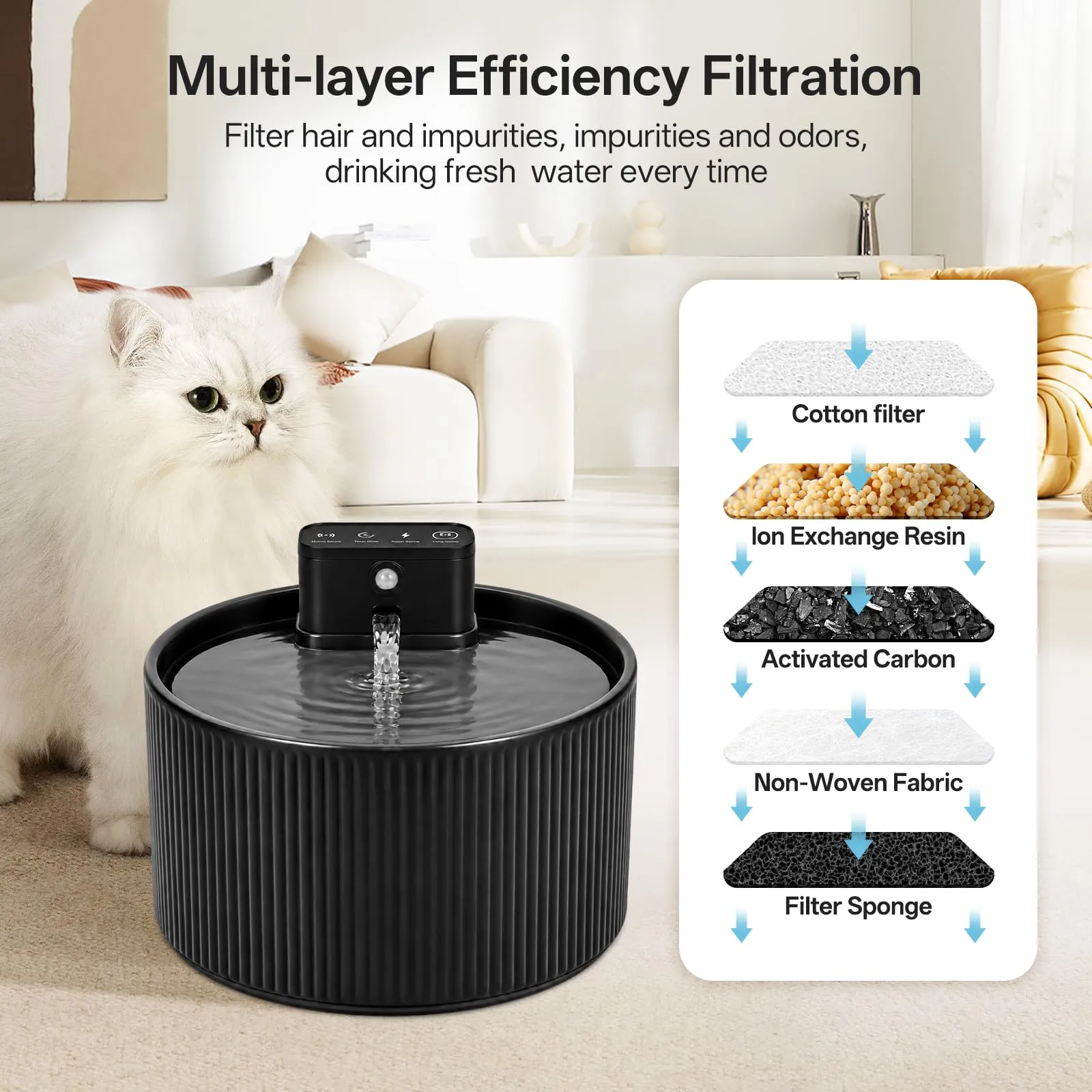 Fontana per gatti senza fili, in ceramica, 2,2 l, super silenziosa, con filtro ai carboni attivi, ceramica cotta ad alte temperature, materiali sicuri, colore nero - immagine 6