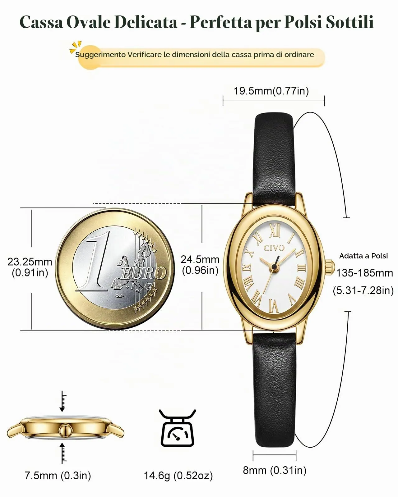 CIVO Orologio Donna Piccolo Vintage: Oro Ovale Numeri Romani Analogico - immagine 5