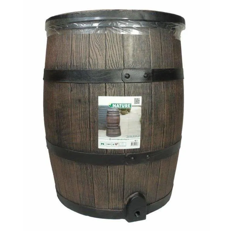 Serbatoio per Raccolta Acqua Piovana Nature 120L a Forma di Barile, Polietilene Trattato Anti-UV, Marrone, con Rubinetto e Coperchio - immagine 1