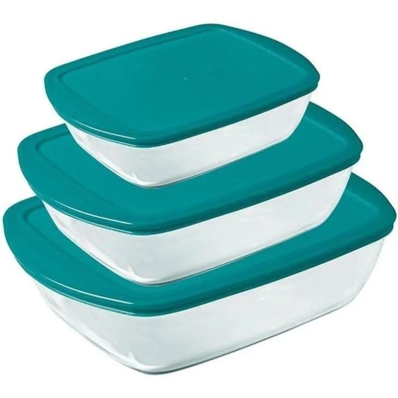 Set 3 Vasche Rettangolari Pyrex Cook & Store Vetro Borosilicato Coperchi Blu - immagine 1