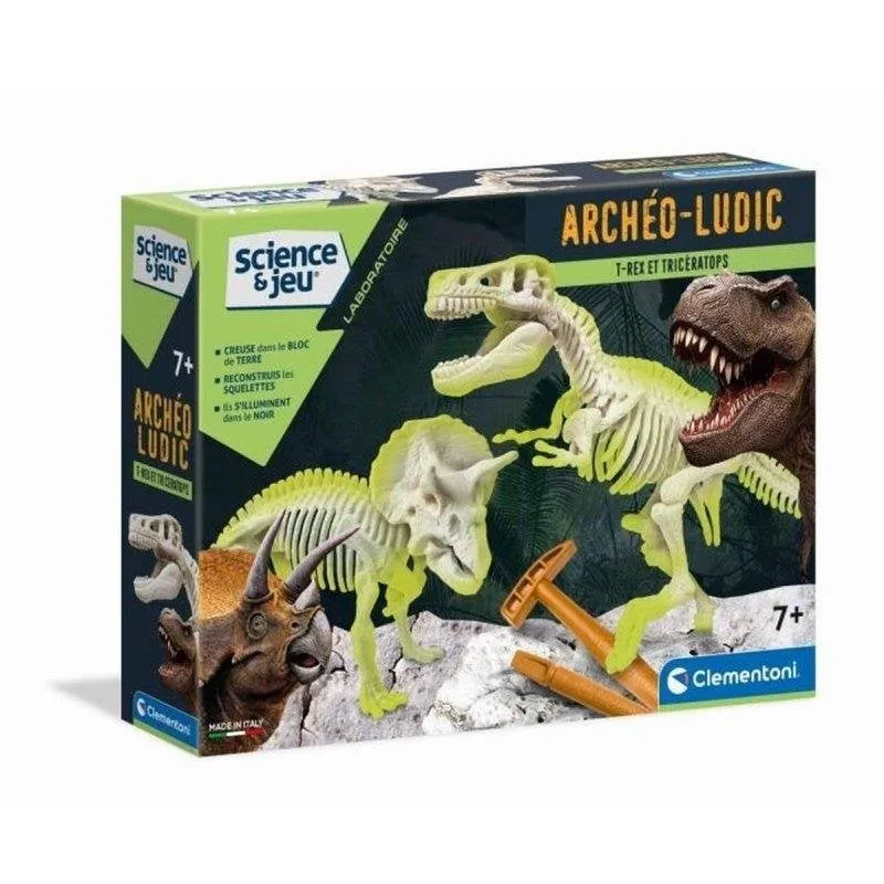 Kit di scavo archeologico Clementoni Archéo Ludic T-Rex e Triceratops fosforescenti - immagine 1