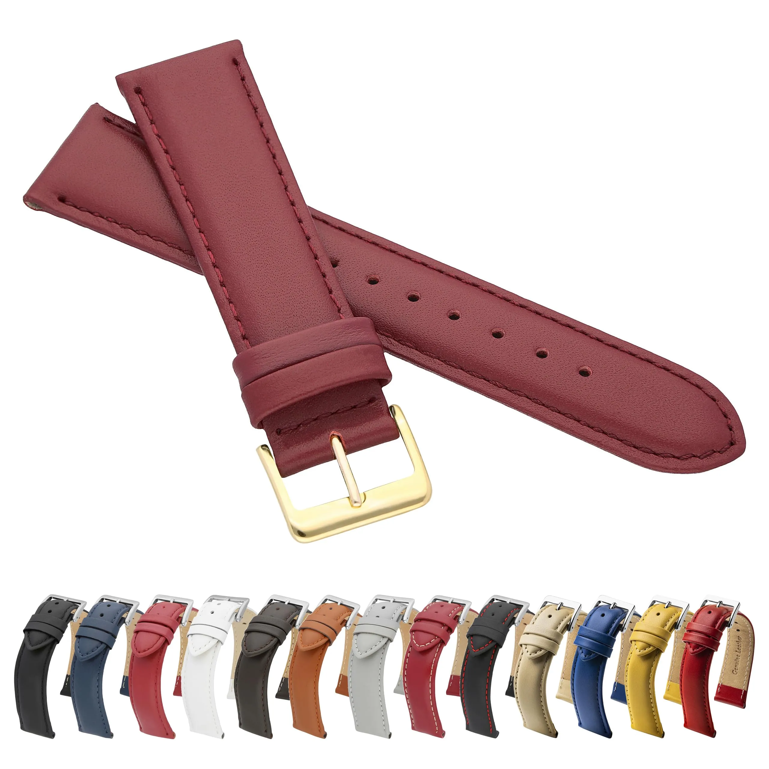 MARCHEL - Cinturino in pelle liscia LLB con chiusura in oro, cinturino per orologio in pelle bovina, in vero cuoio, Colore: rosso, 19 mm, Classico - immagine 1