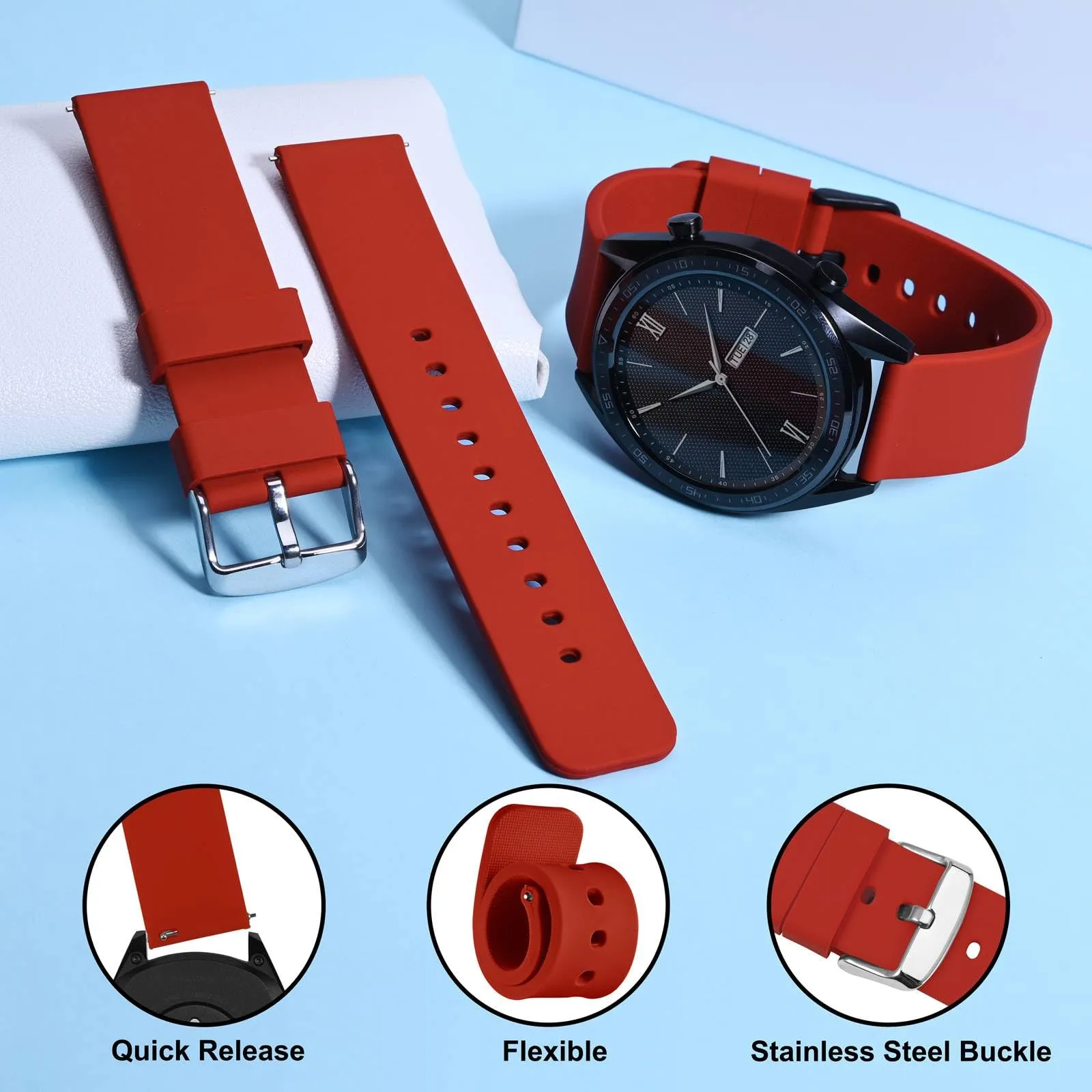 WOCCI 18mm Orologi Cinturino in Silicone con Fibbia Argento per Uomo e Donna (Rosso) - immagine 3