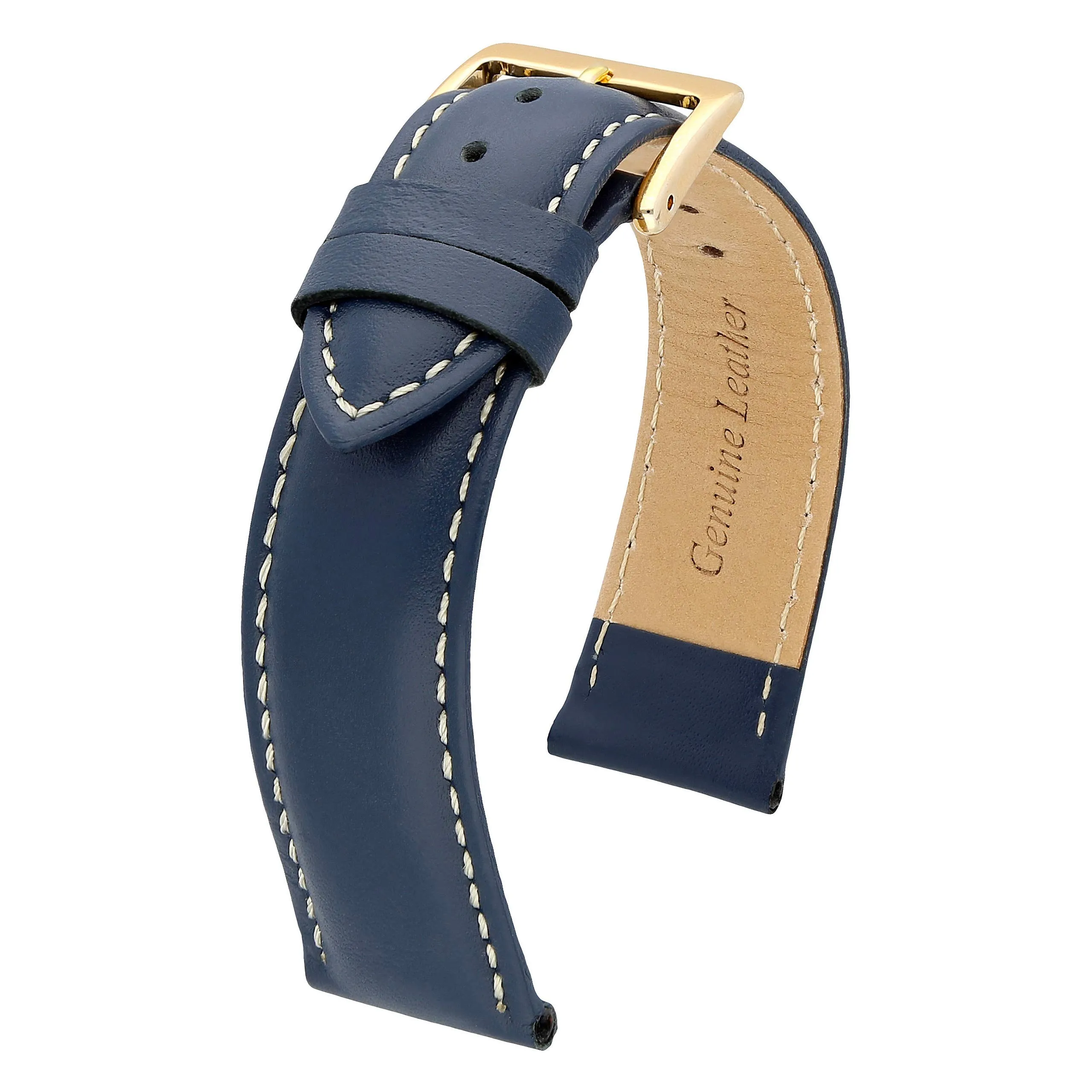 MARCHEL - Cinturino in pelle liscia LLB con chiusura in oro, cinturino per orologio in pelle bovina, in vero cuoio, blu/bianco, 16 mm, Classico - immagine 3