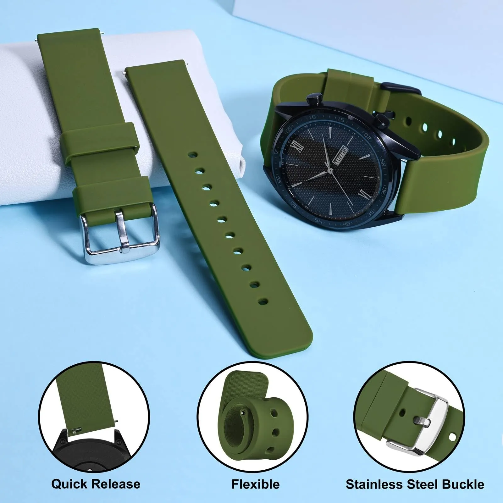 WOCCI 14mm Orologi Cinturino in Silicone con Fibbia Argento per Uomo e Donna (Verde Militare) - immagine 3