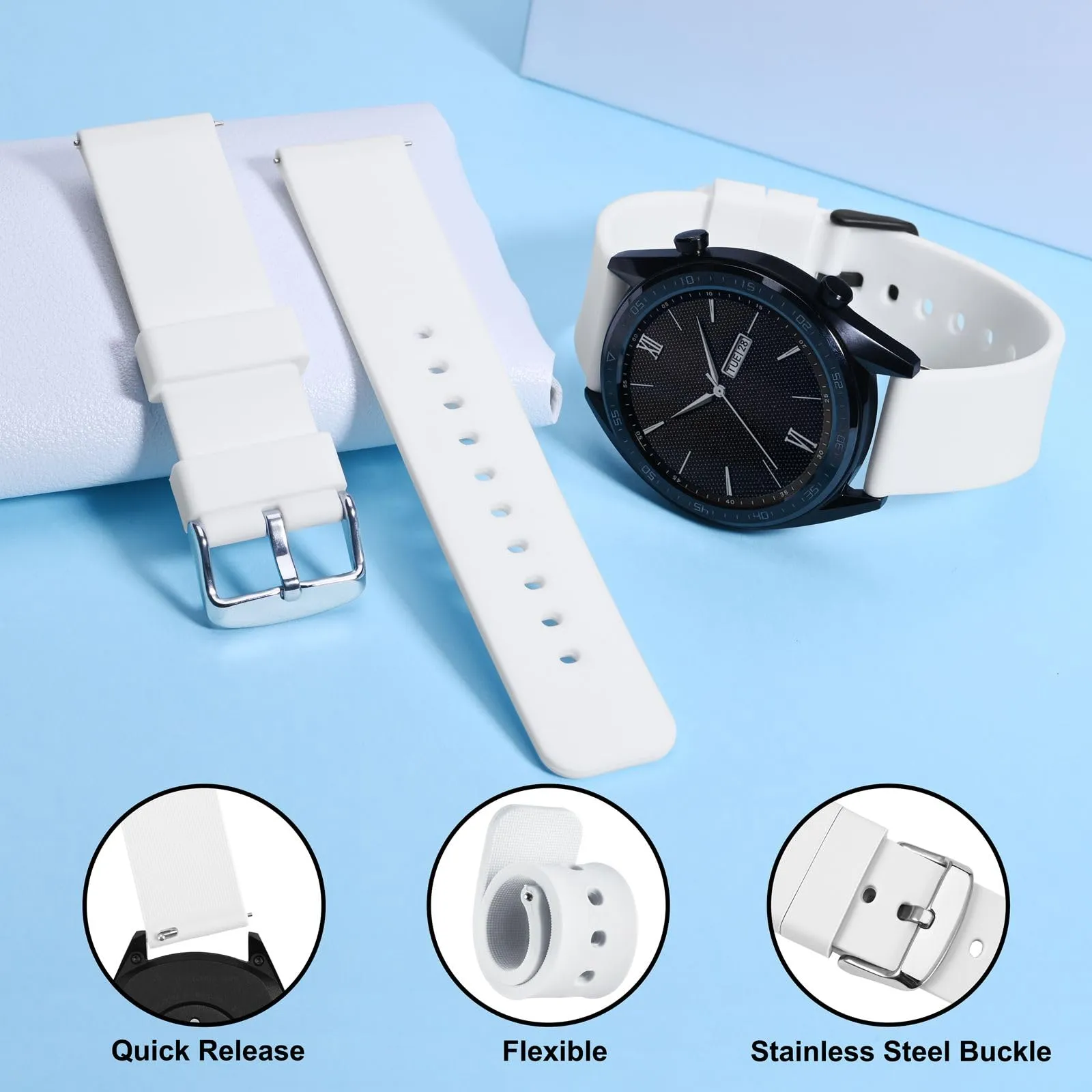 WOCCI 14mm Orologi Cinturino in Silicone con Fibbia Argento per Uomo e Donna (Bianco) - immagine 3