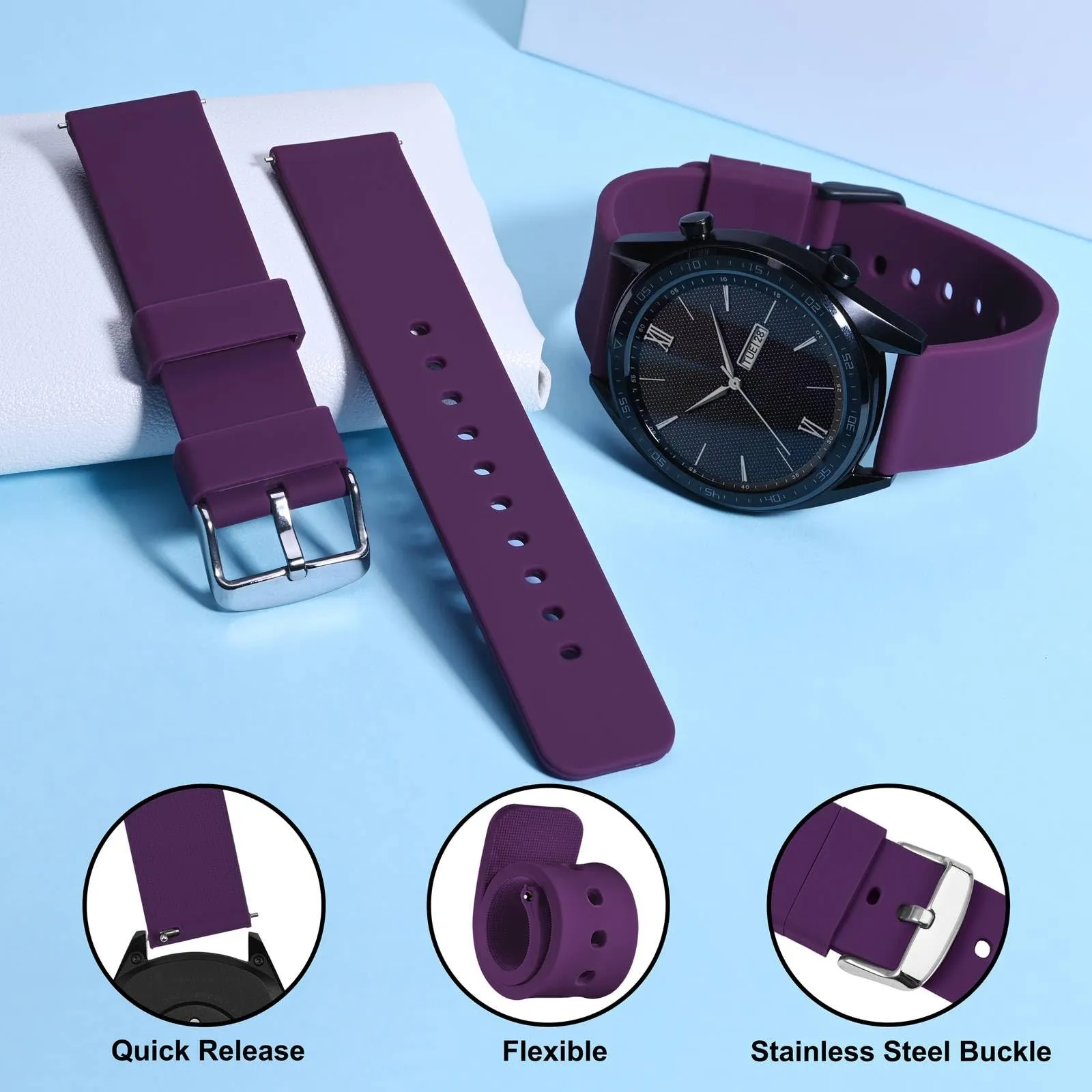 WOCCI 14mm Orologi Cinturino in Silicone con Fibbia Argento per Uomo e Donna (Viola) - immagine 3