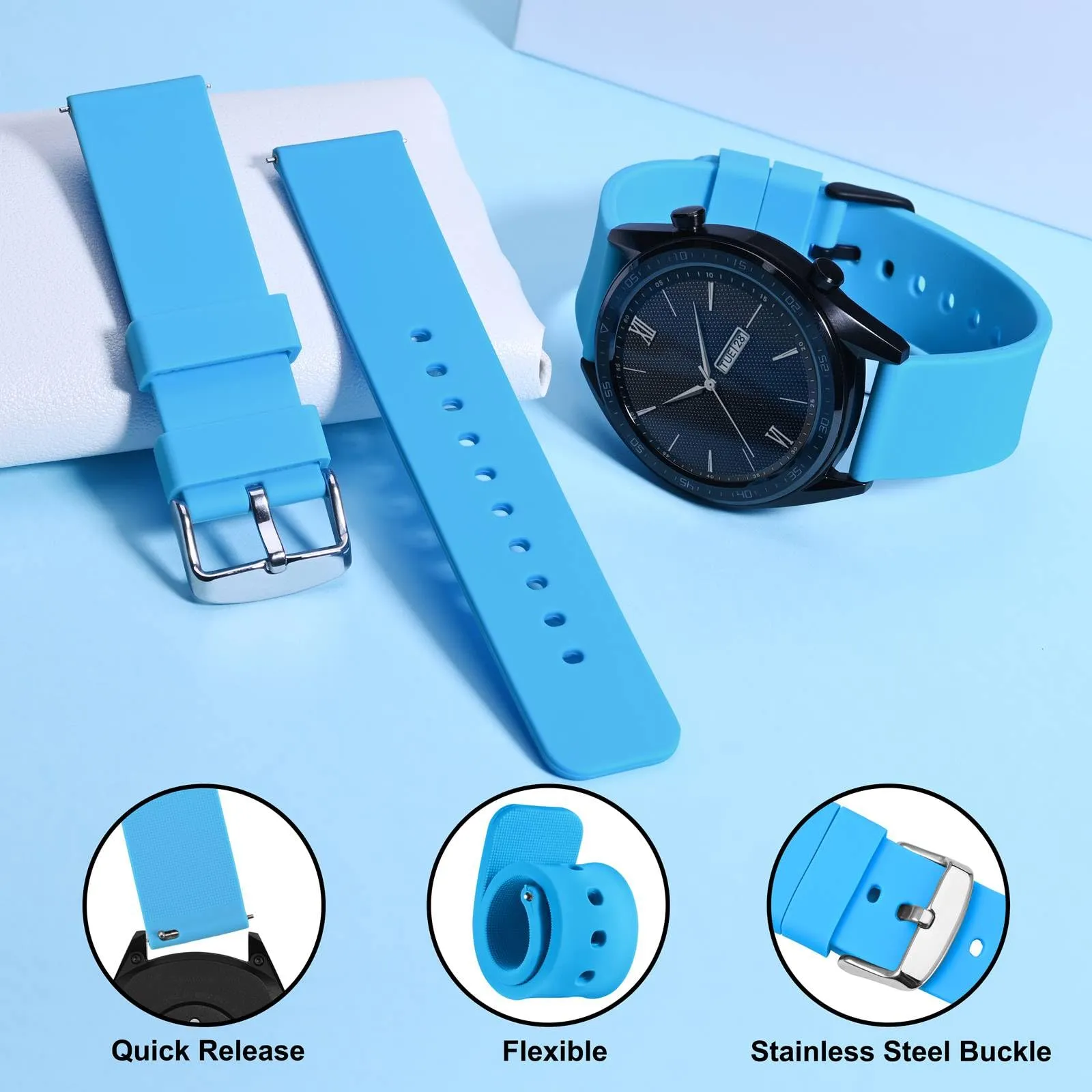 WOCCI 18mm Orologi Cinturino in Silicone con Fibbia Argento per Uomo e Donna (Cielo Blu) - immagine 3