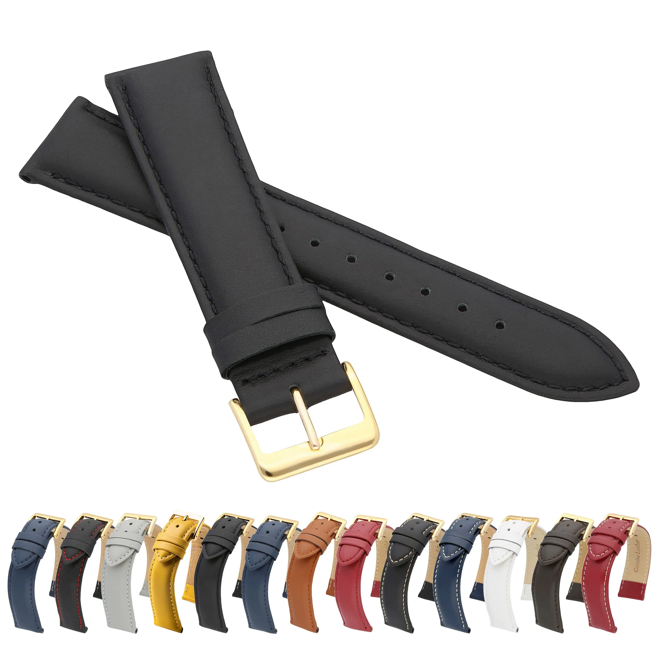 MARCHEL - Cinturino in pelle liscia LLB con chiusura in oro, cinturino per orologio in pelle bovina, in vero cuoio, Nero , 14 mm, Classico - immagine 1