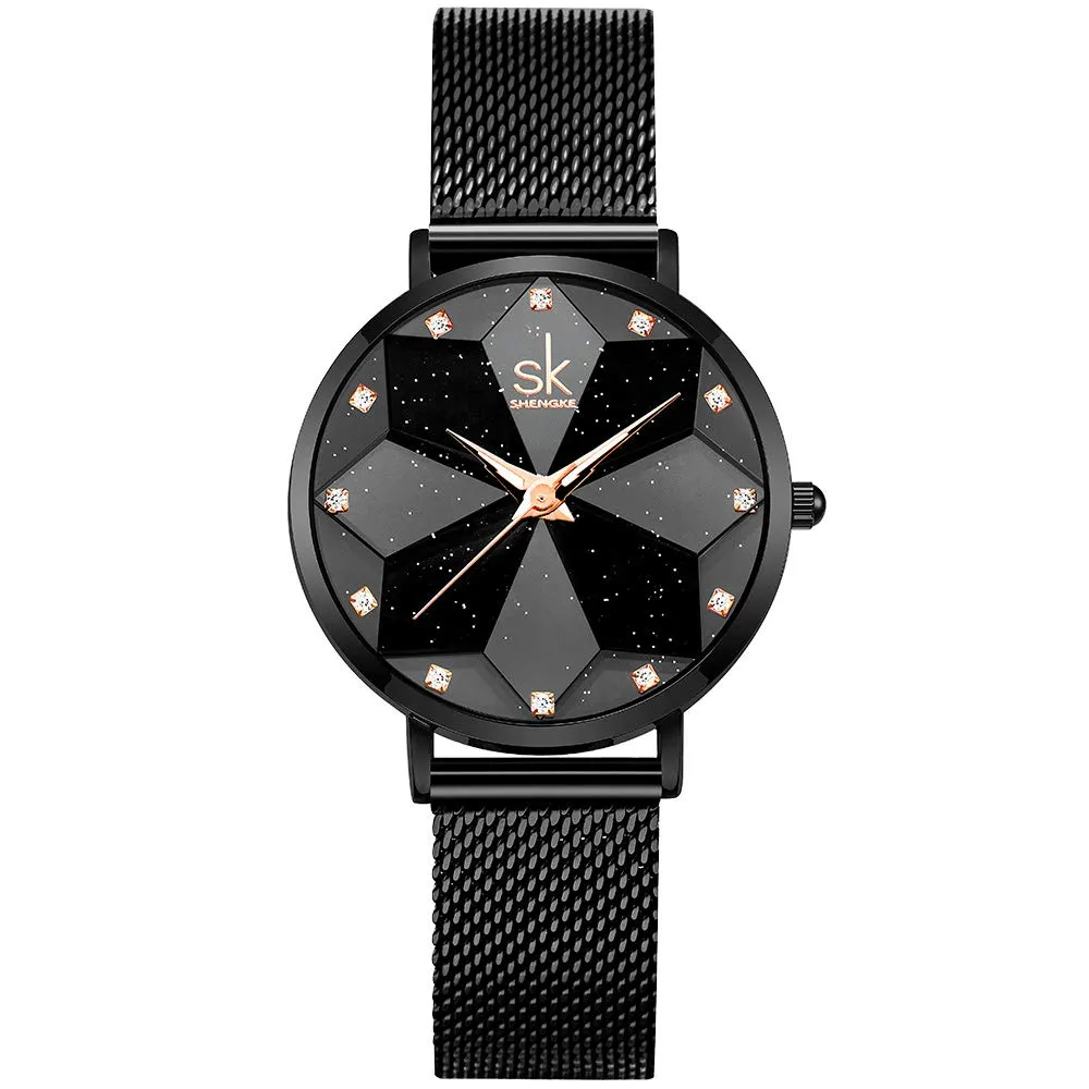 SHENGKE Orologio stellato Orologio Analogico Classico Quarzo da Donna con Cinturino in Acciaio Inox(Starry-Mesh Band-Black) - immagine 1