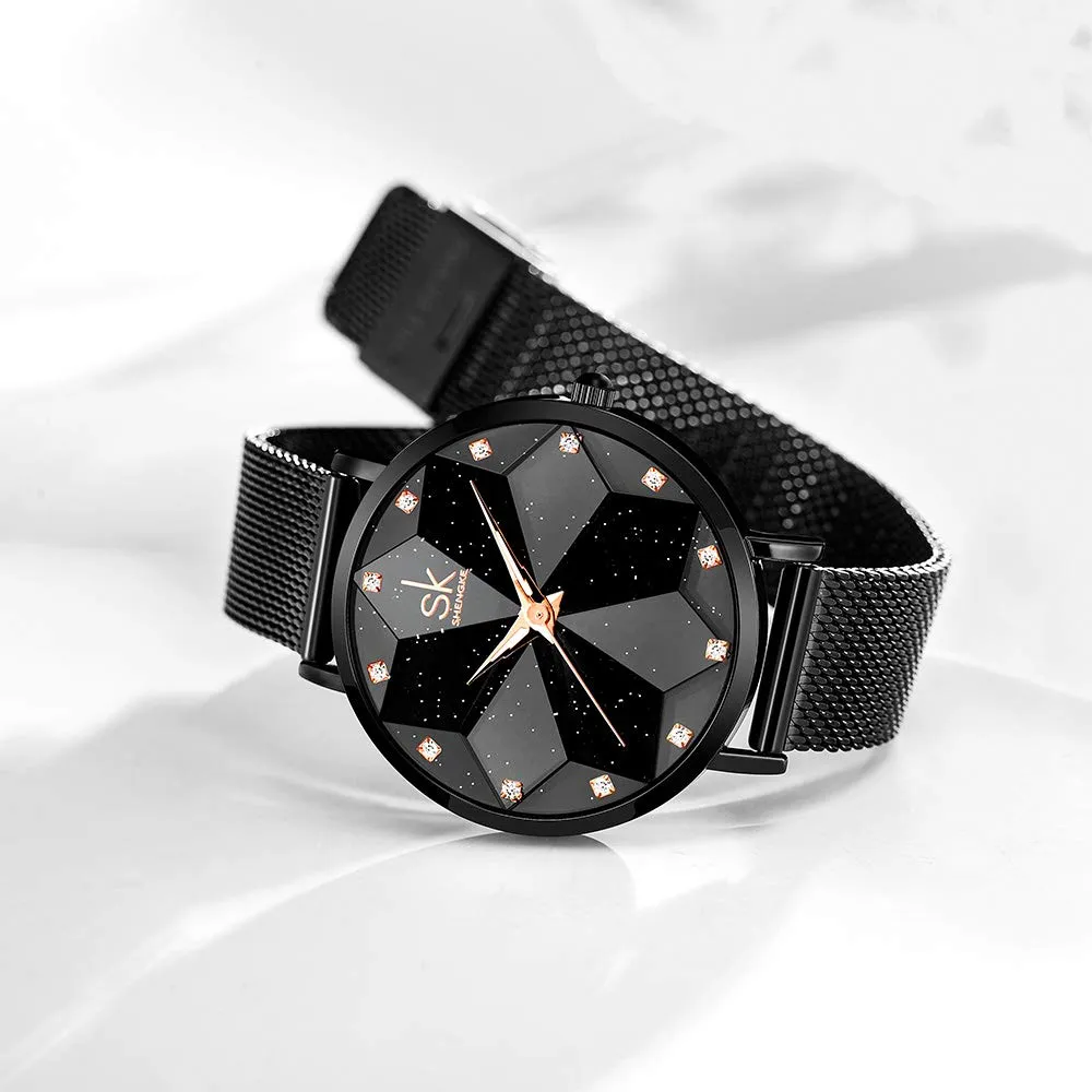 SHENGKE Orologio stellato Orologio Analogico Classico Quarzo da Donna con Cinturino in Acciaio Inox(Starry-Mesh Band-Black) - immagine 2