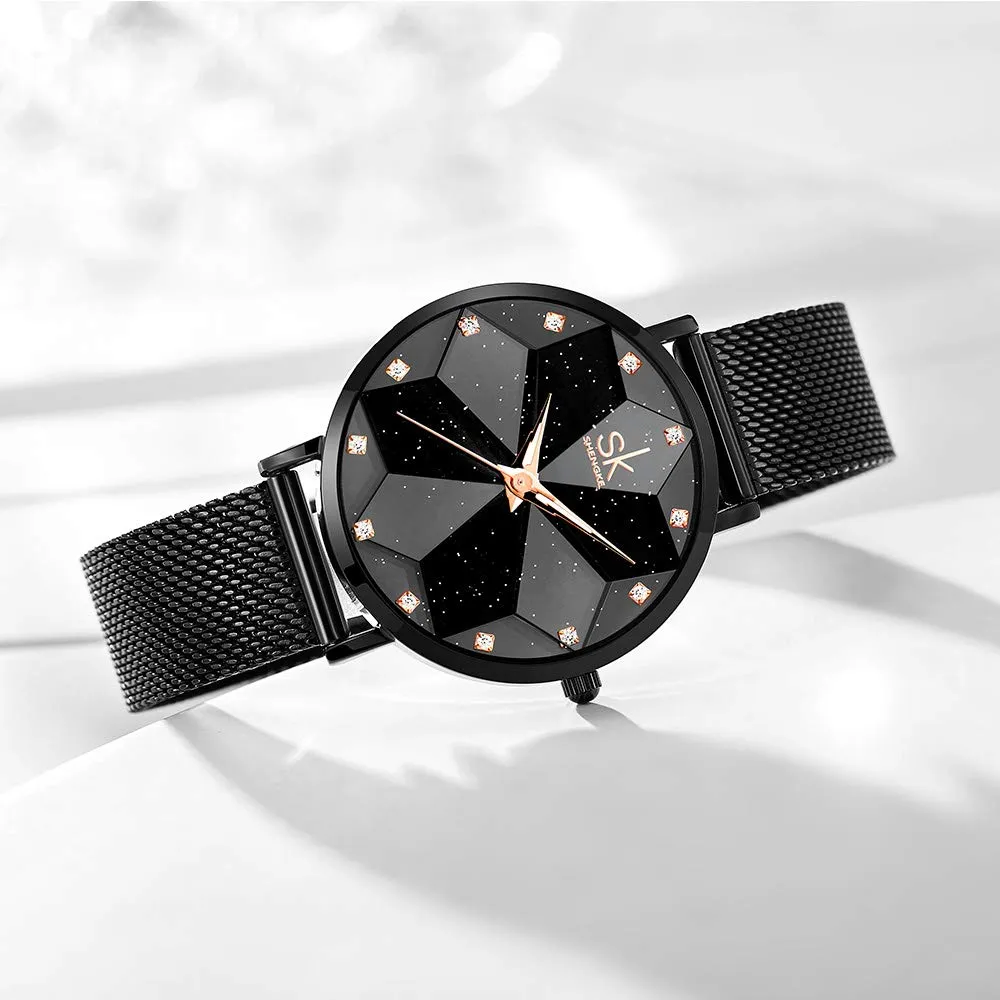SHENGKE Orologio stellato Orologio Analogico Classico Quarzo da Donna con Cinturino in Acciaio Inox(Starry-Mesh Band-Black) - immagine 3