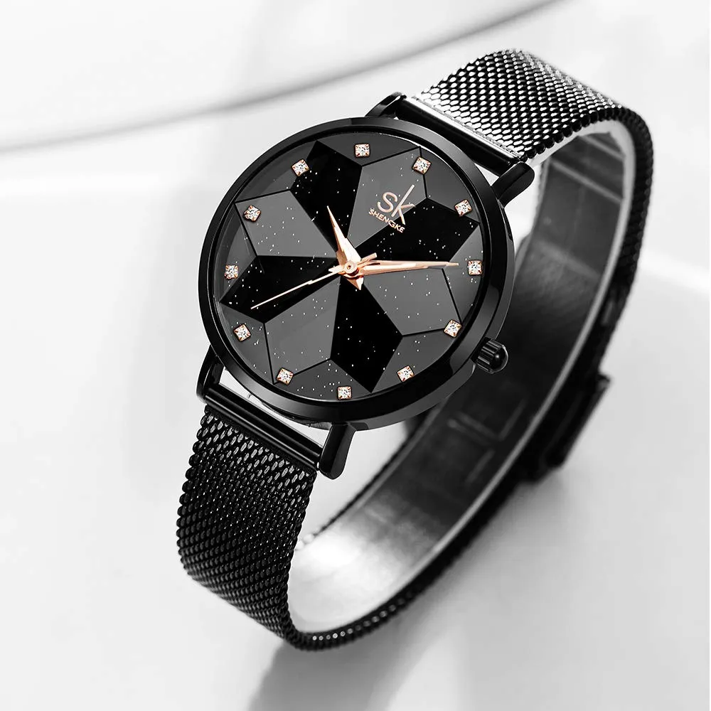 SHENGKE Orologio stellato Orologio Analogico Classico Quarzo da Donna con Cinturino in Acciaio Inox(Starry-Mesh Band-Black) - immagine 4